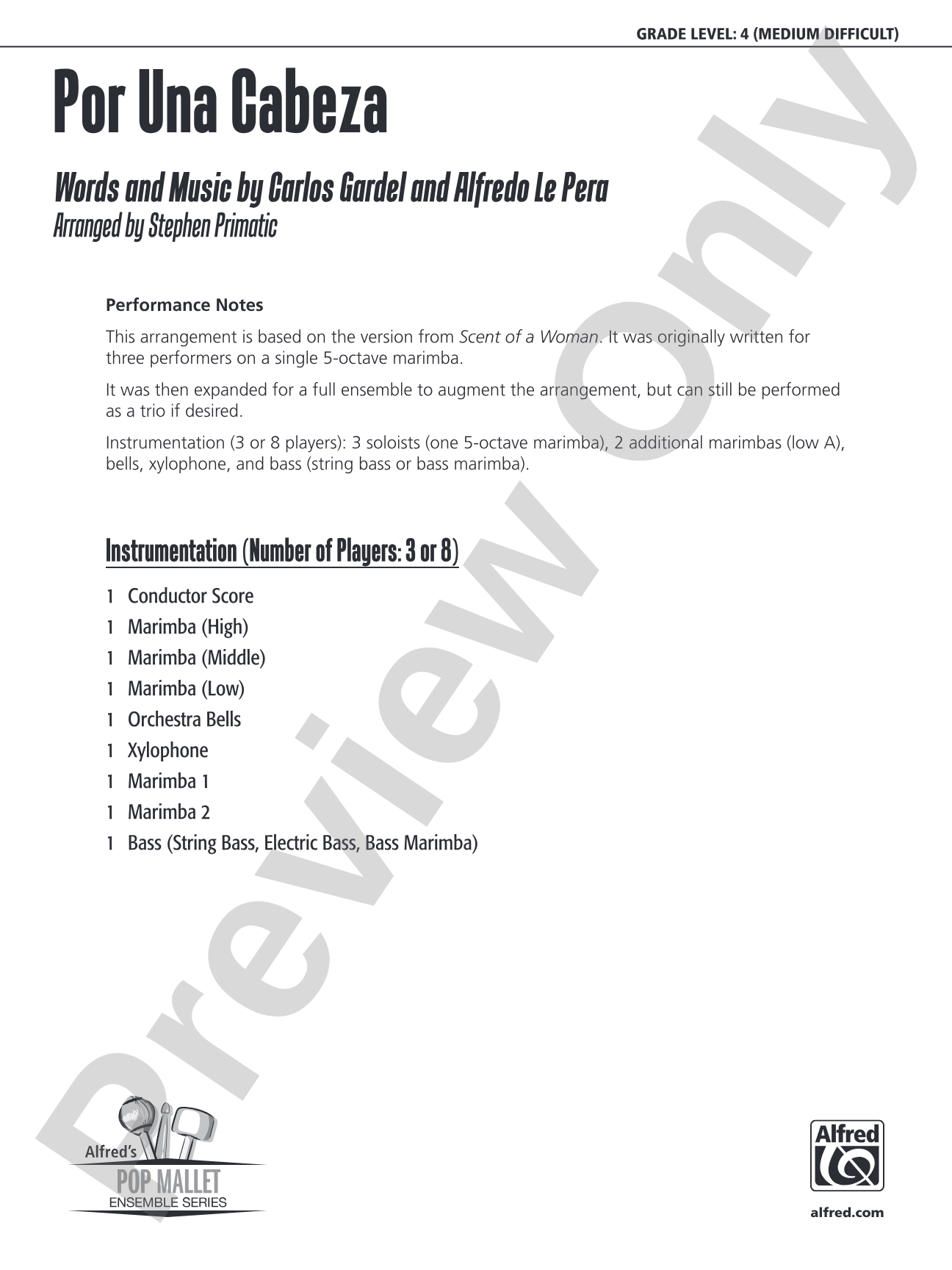 Por Una Cabeza: Percussion Ensemble Conductor Score & Parts