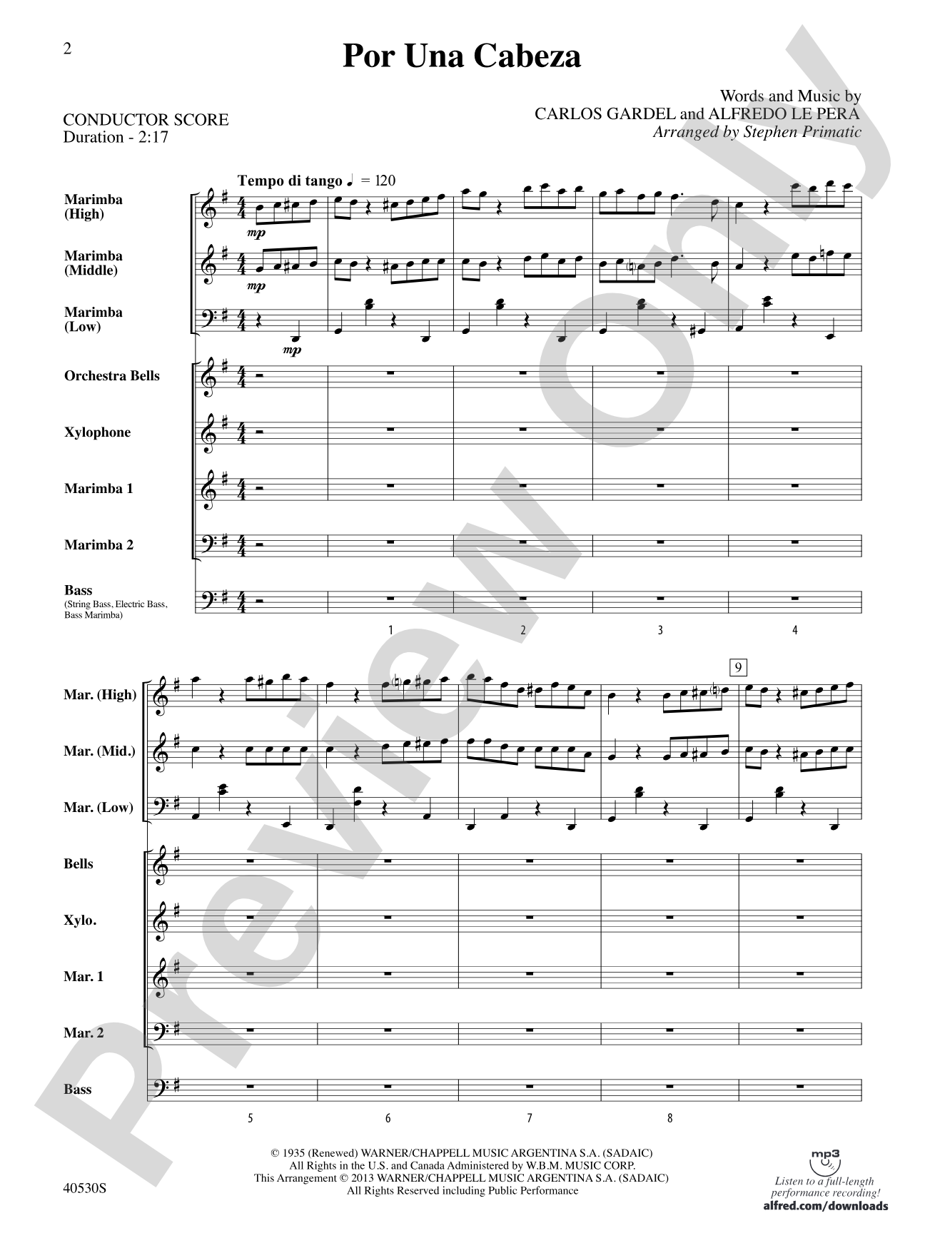 Por Una Cabeza: Percussion Ensemble Conductor Score & Parts
