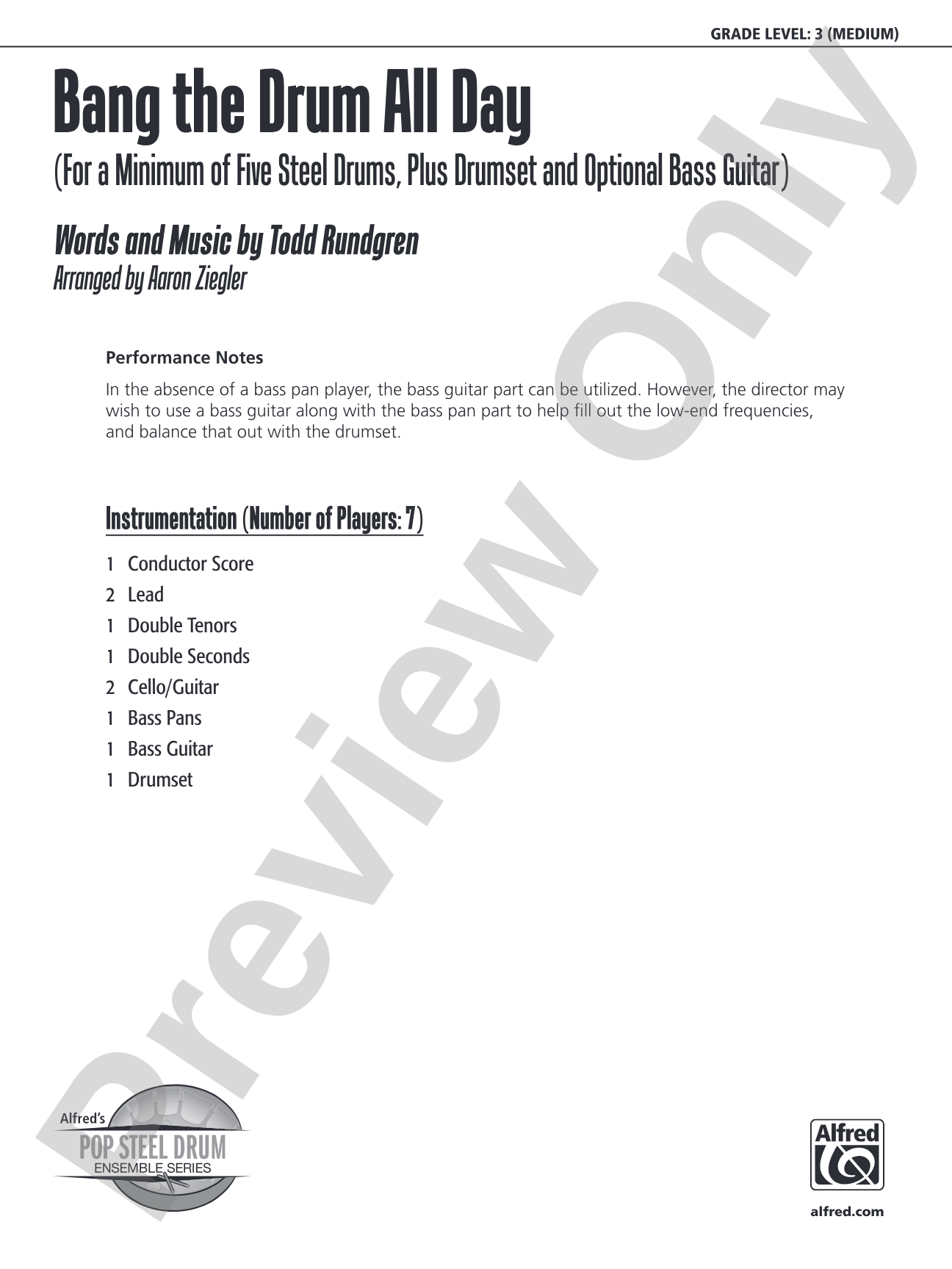 Bang the Drum All Day: Steel Drum Conductor Score & Parts
