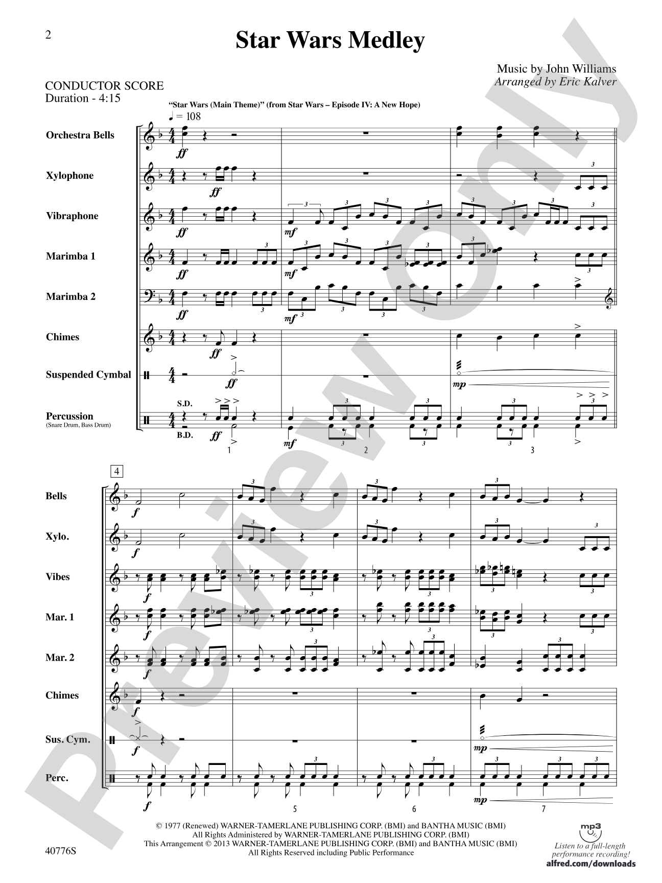 Star Wars Medley: Percussion Ensemble Conductor Score & Parts