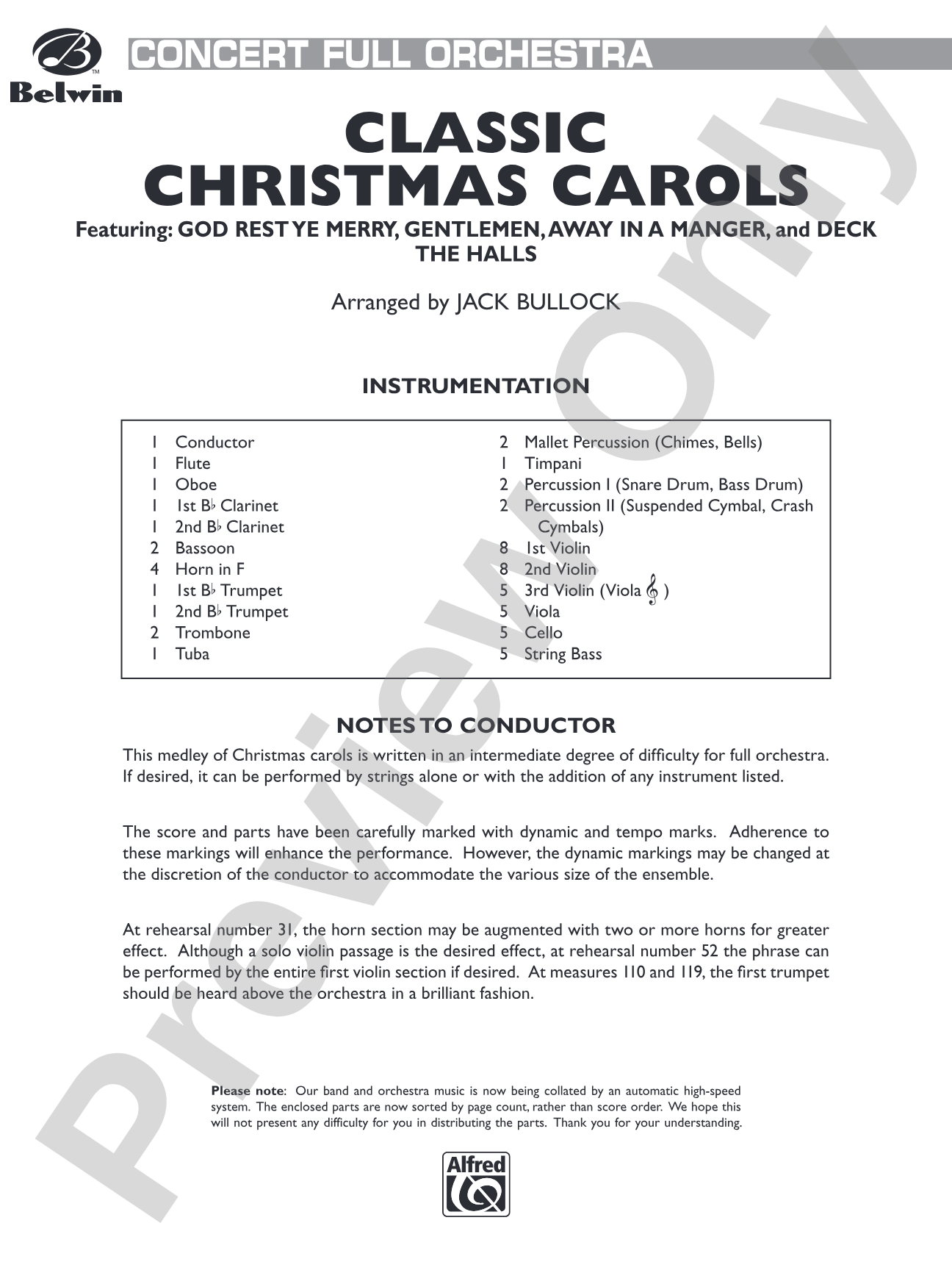 Classic Christmas Carols: Full Orchestra Conductor Score & Parts