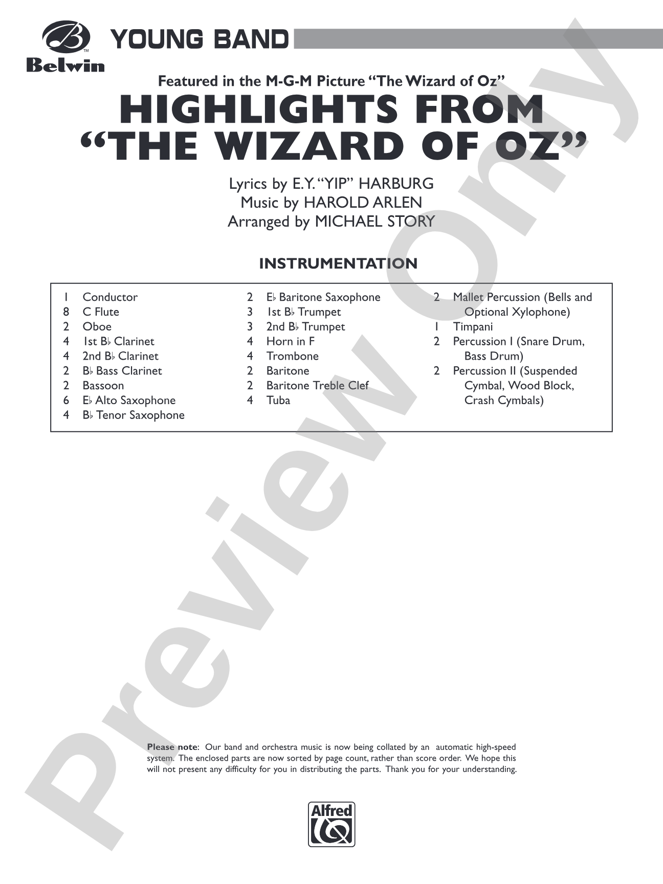 The Wizard of Oz, Highlights from: Concert Band Conductor Score & Parts