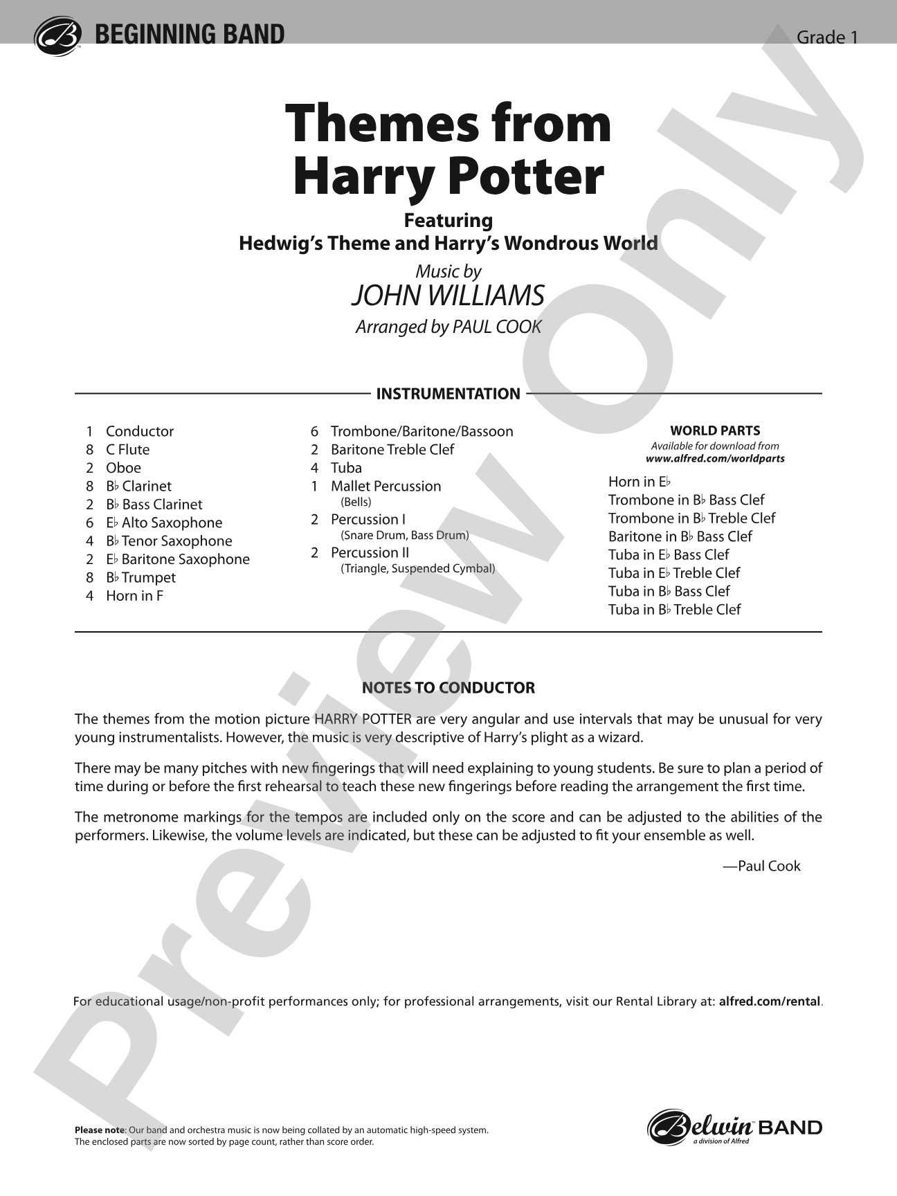 Harry Potter, Themes from: Concert Band Conductor Score & Parts