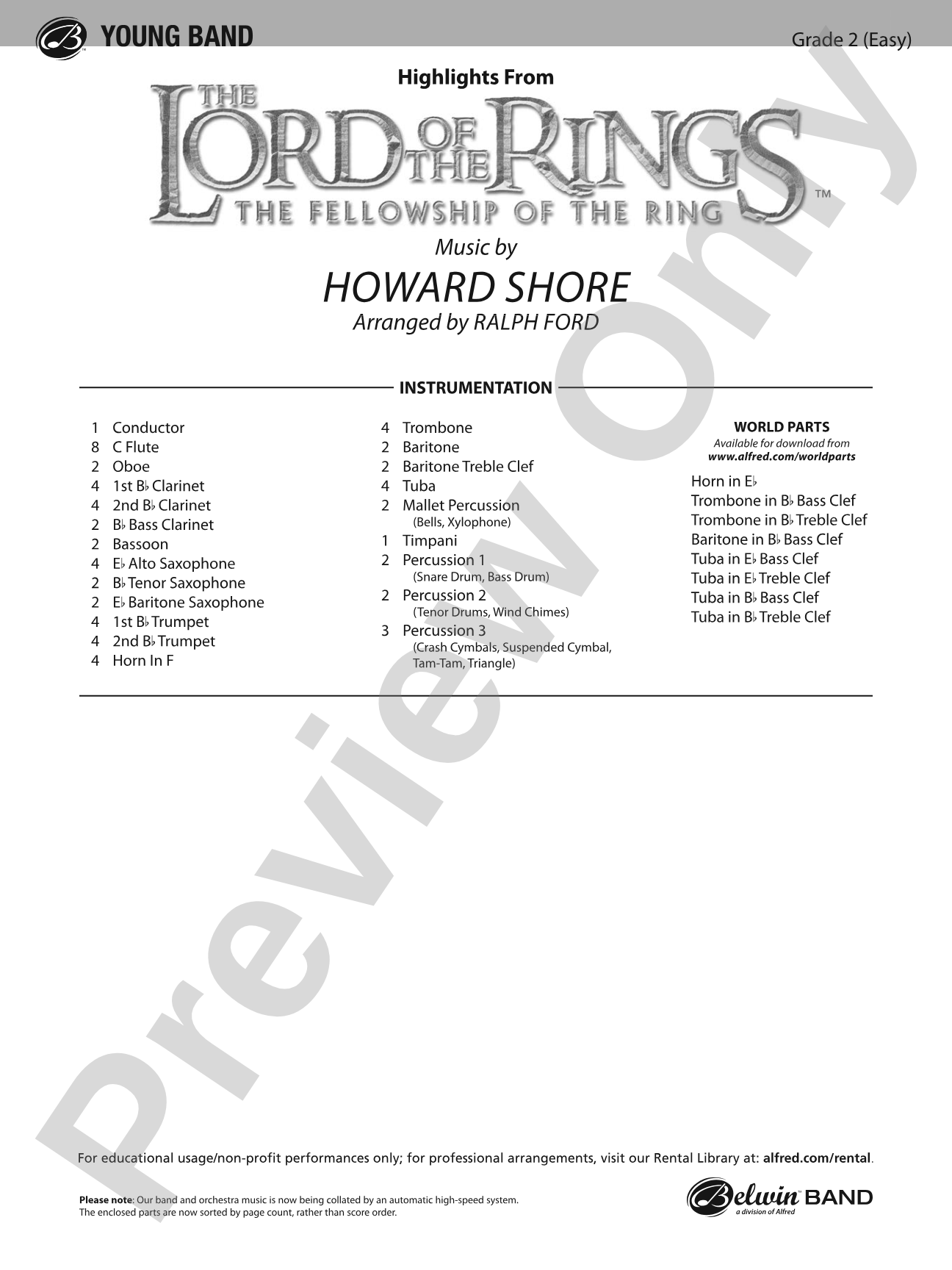 The Lord of the Rings: The Fellowship of the Ring, Highlights from: Concert Band Conductor Score & Parts