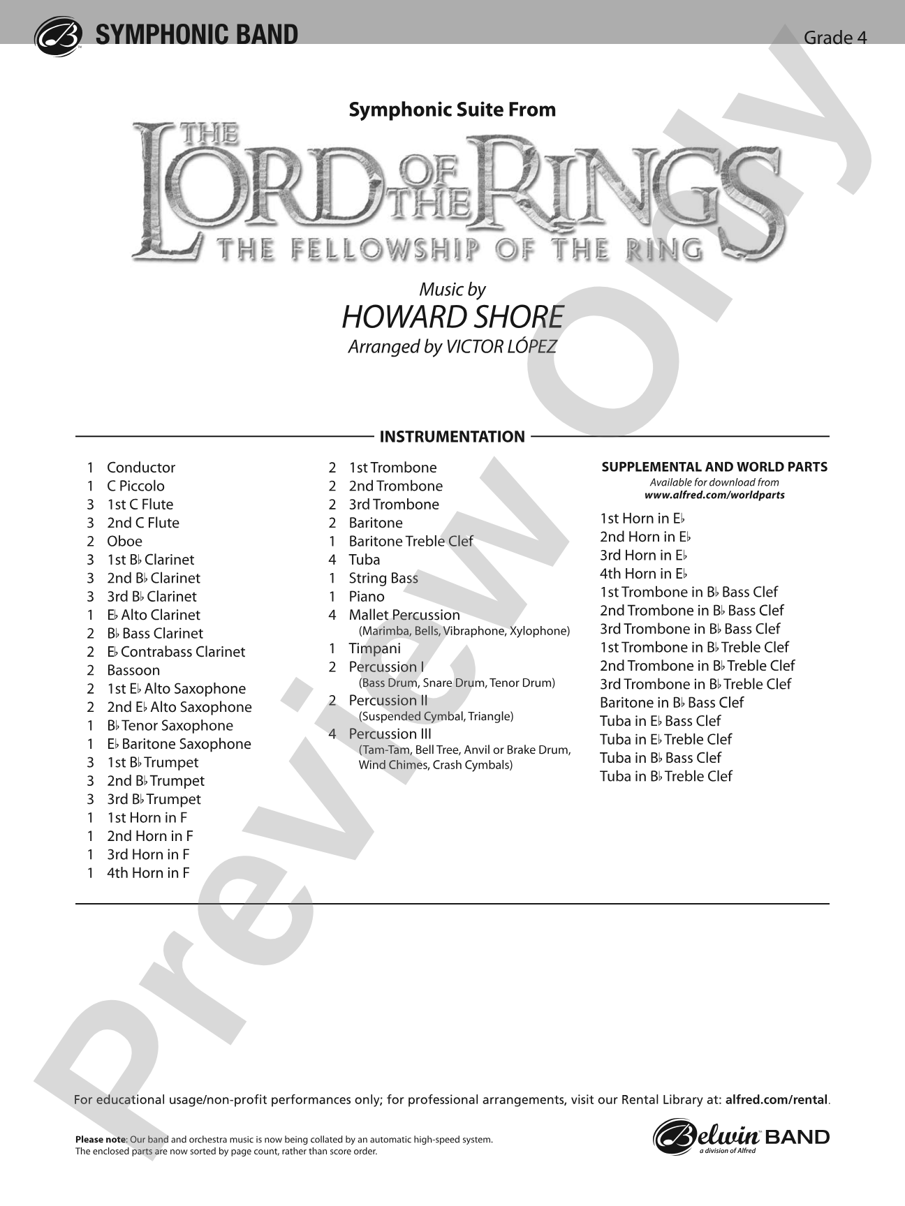 The Lord of the Rings: The Fellowship of the Ring, Symphonic Suite from: Concert Band Conductor Score & Parts