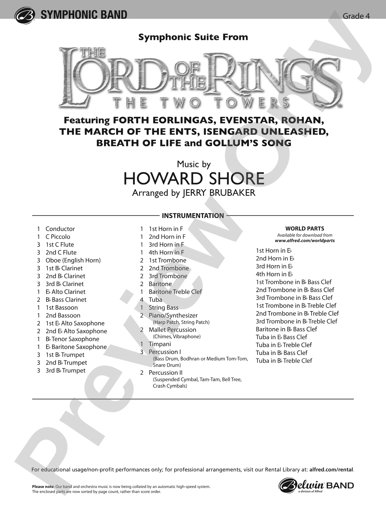 The Lord of the Rings: The Two Towers, Symphonic Suite from: Concert Band Conductor Score & Parts