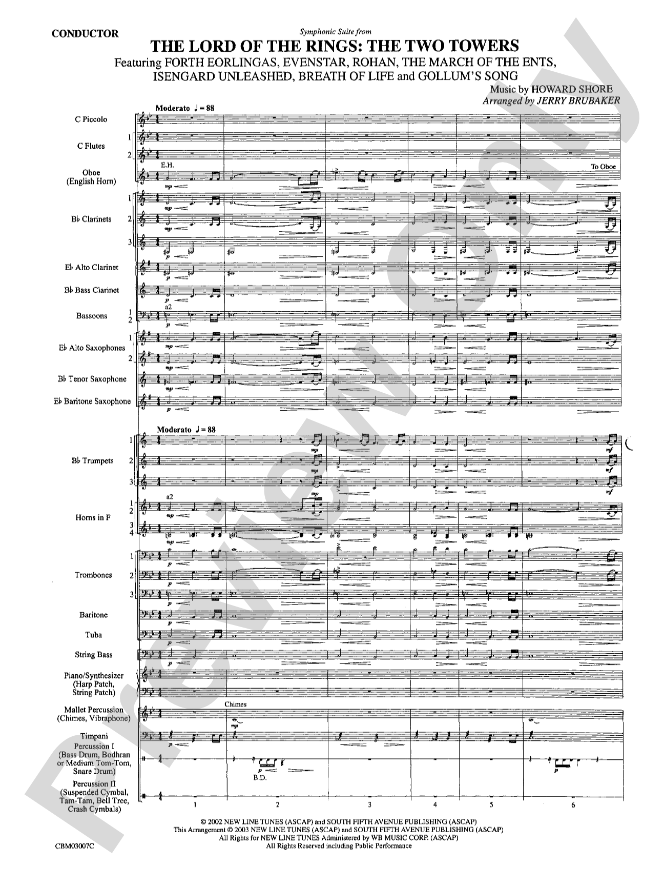 The Lord of the Rings: The Two Towers, Symphonic Suite from: Concert Band Conductor Score & Parts