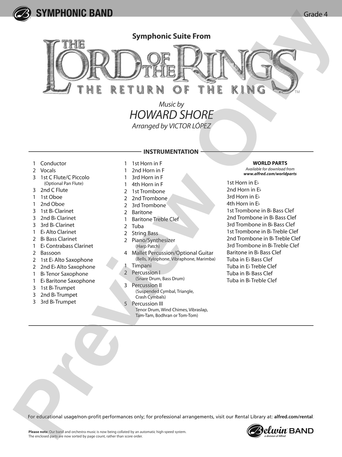 The Lord of the Rings: The Return of the King, Symphonic Suite from: Concert Band Conductor Score & Parts