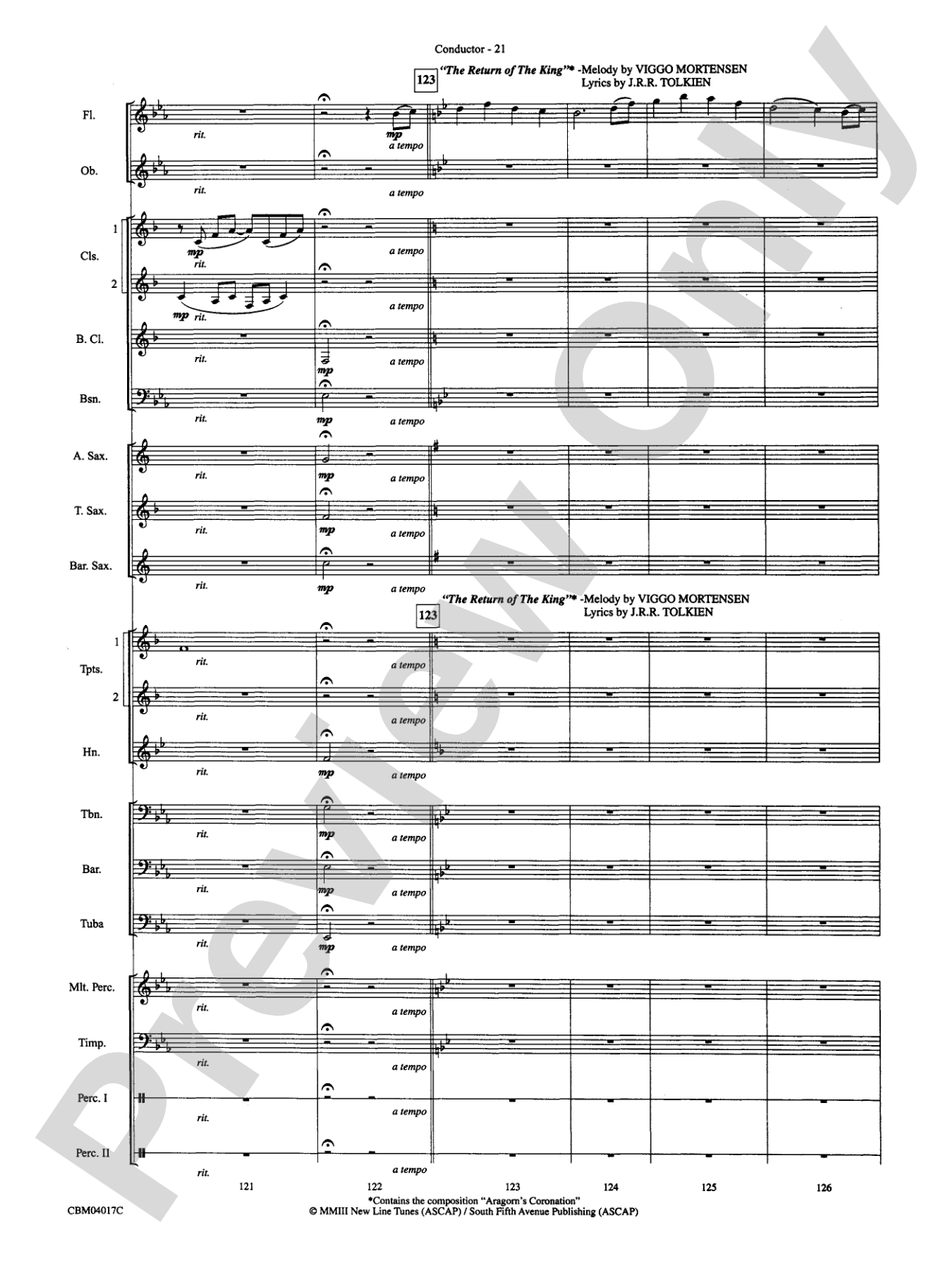 The Lord of the Rings: The Return of the King, Selections from: Concert Band Conductor Score & Parts