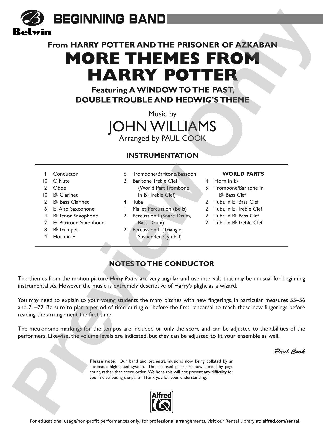 Harry Potter and the Prisoner of Azkaban, More Themes from: Concert Band Conductor Score & Parts