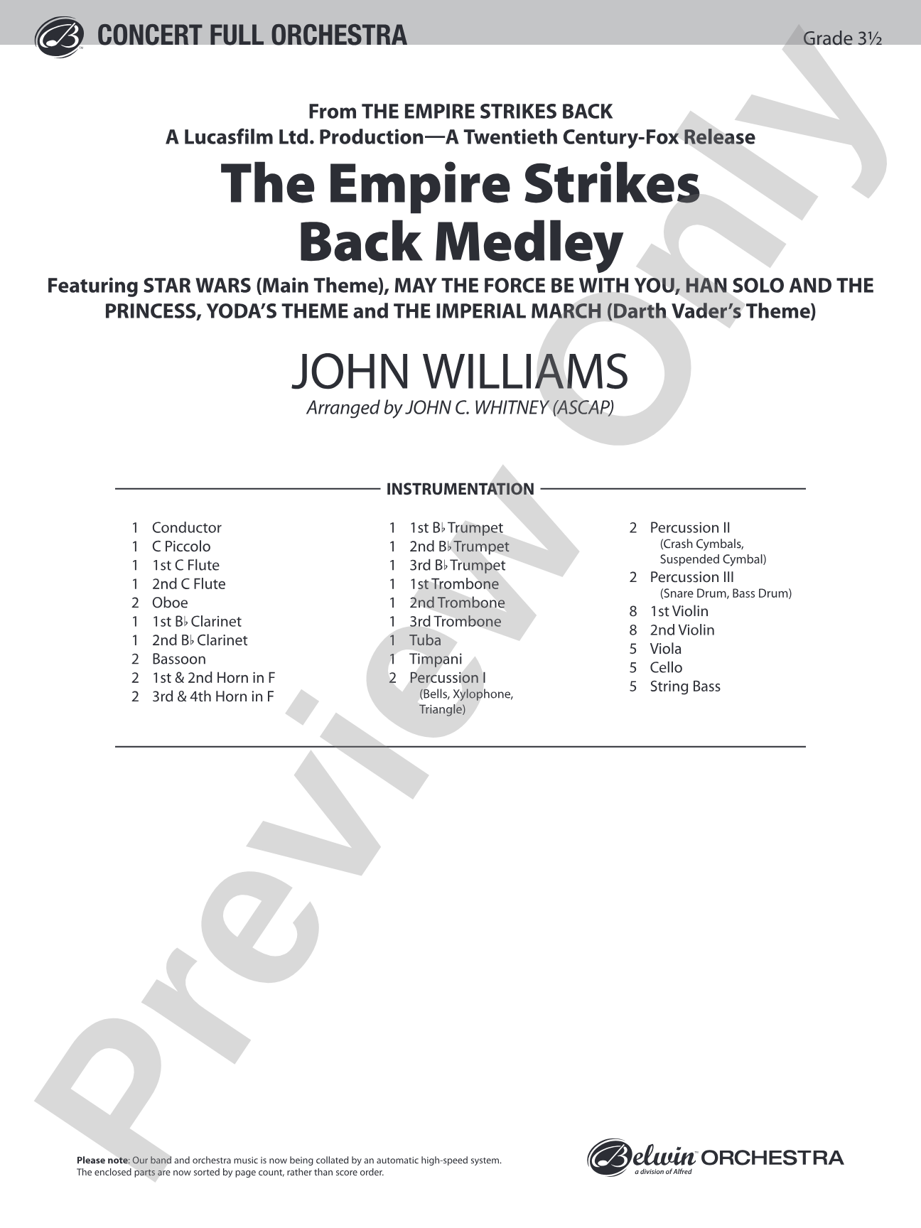 The Empire Strikes Back Medley: Full Orchestra Conductor Score & Parts