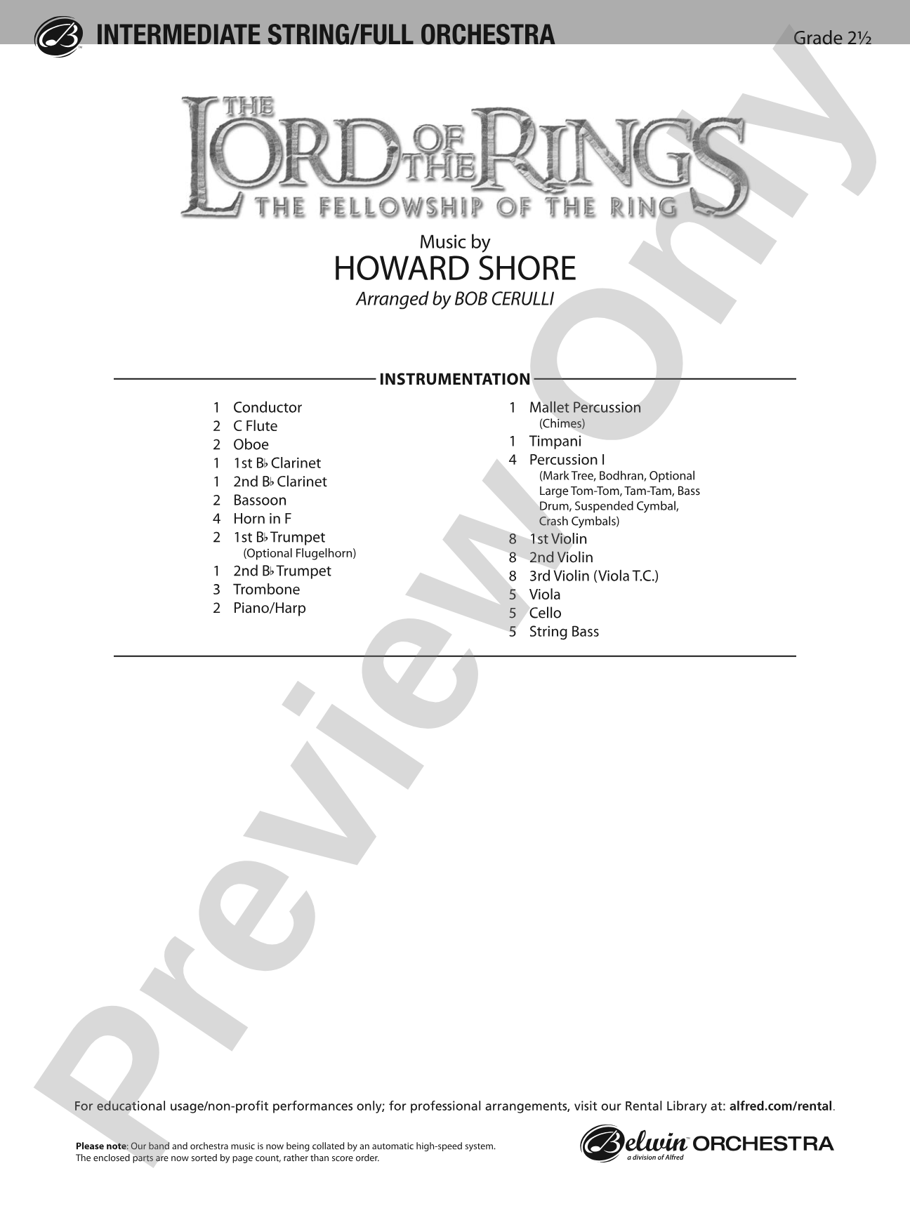 The Lord of the Rings: The Fellowship of the Ring: Full Orchestra Conductor Score & Parts
