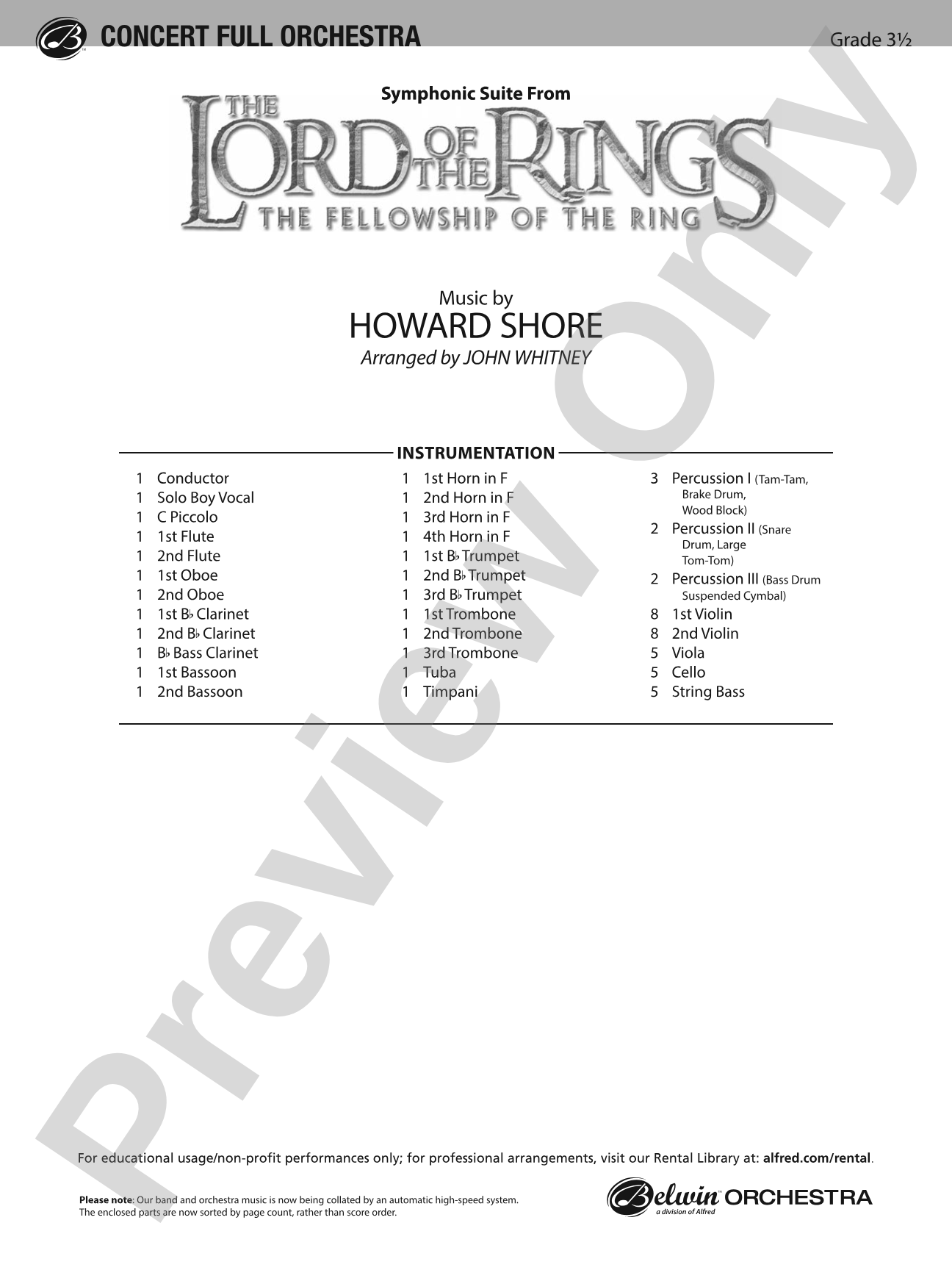 The Lord of the Rings: The Fellowship of the Ring, Symphonic Suite from: Full Orchestra Conductor Score & Parts
