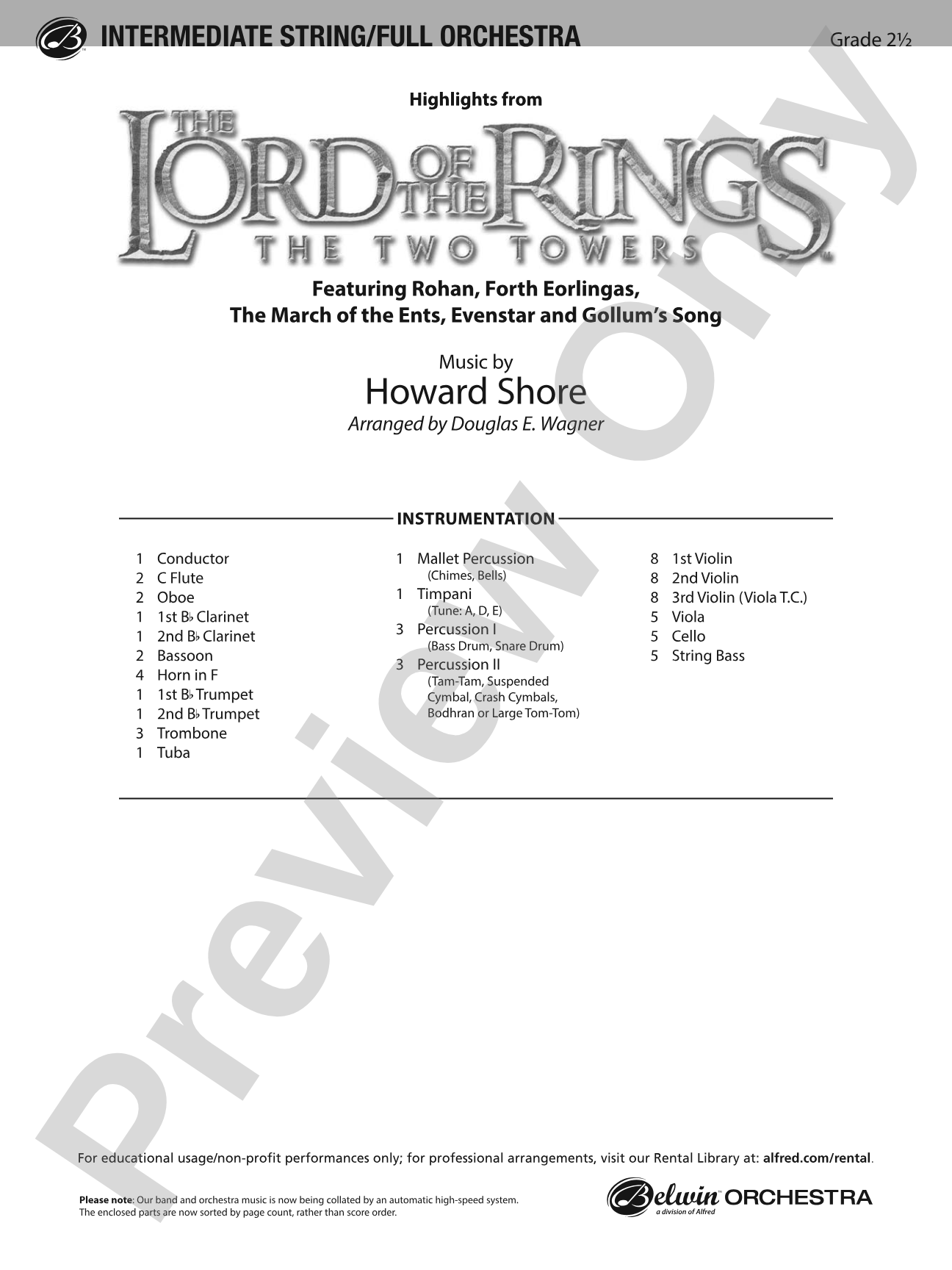 The Lord of the Rings: The Two Towers, Highlights from: Full Orchestra Conductor Score & Parts