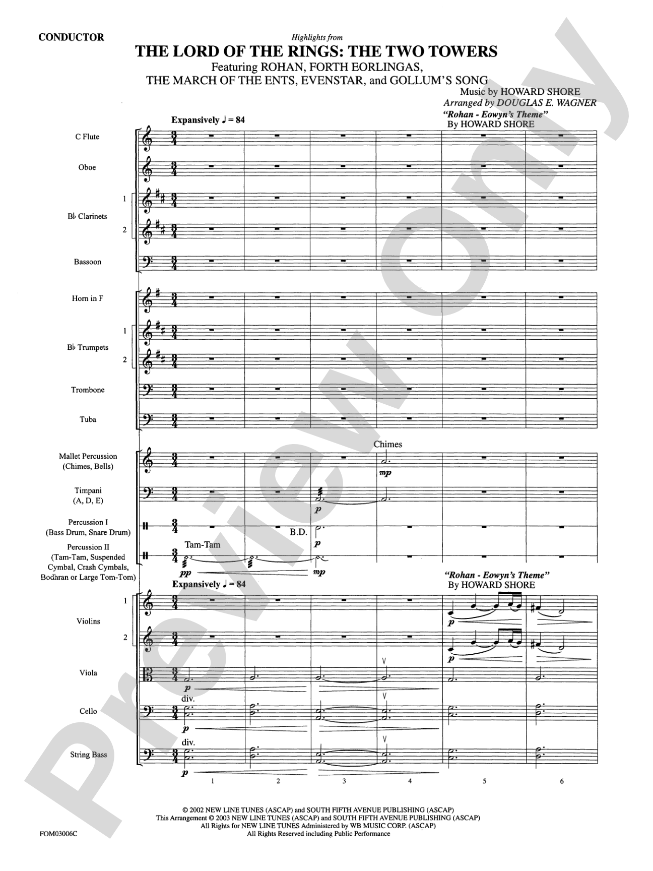 The Lord of the Rings: The Two Towers, Highlights from: Full Orchestra Conductor Score & Parts