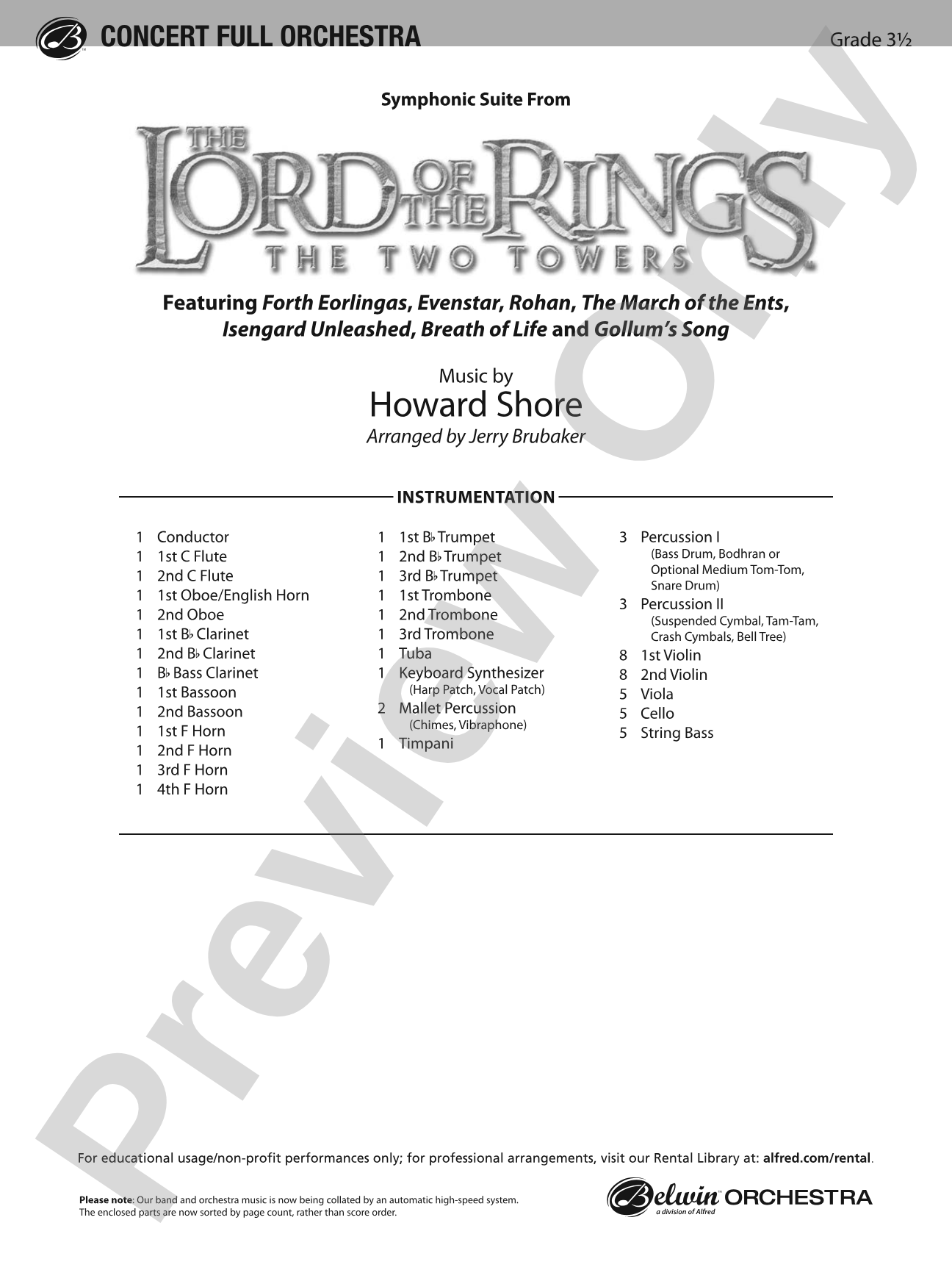 The Lord of the Rings: The Two Towers, Symphonic Suite from: Full Orchestra Conductor Score & Parts