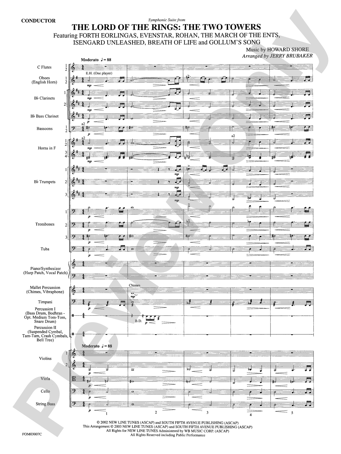 The Lord of the Rings: The Two Towers, Symphonic Suite from: Full Orchestra Conductor Score & Parts