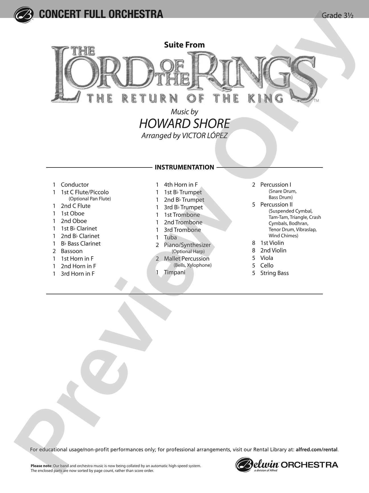 The Lord of the Rings: The Return of the King, Suite from: Full Orchestra Conductor Score & Parts