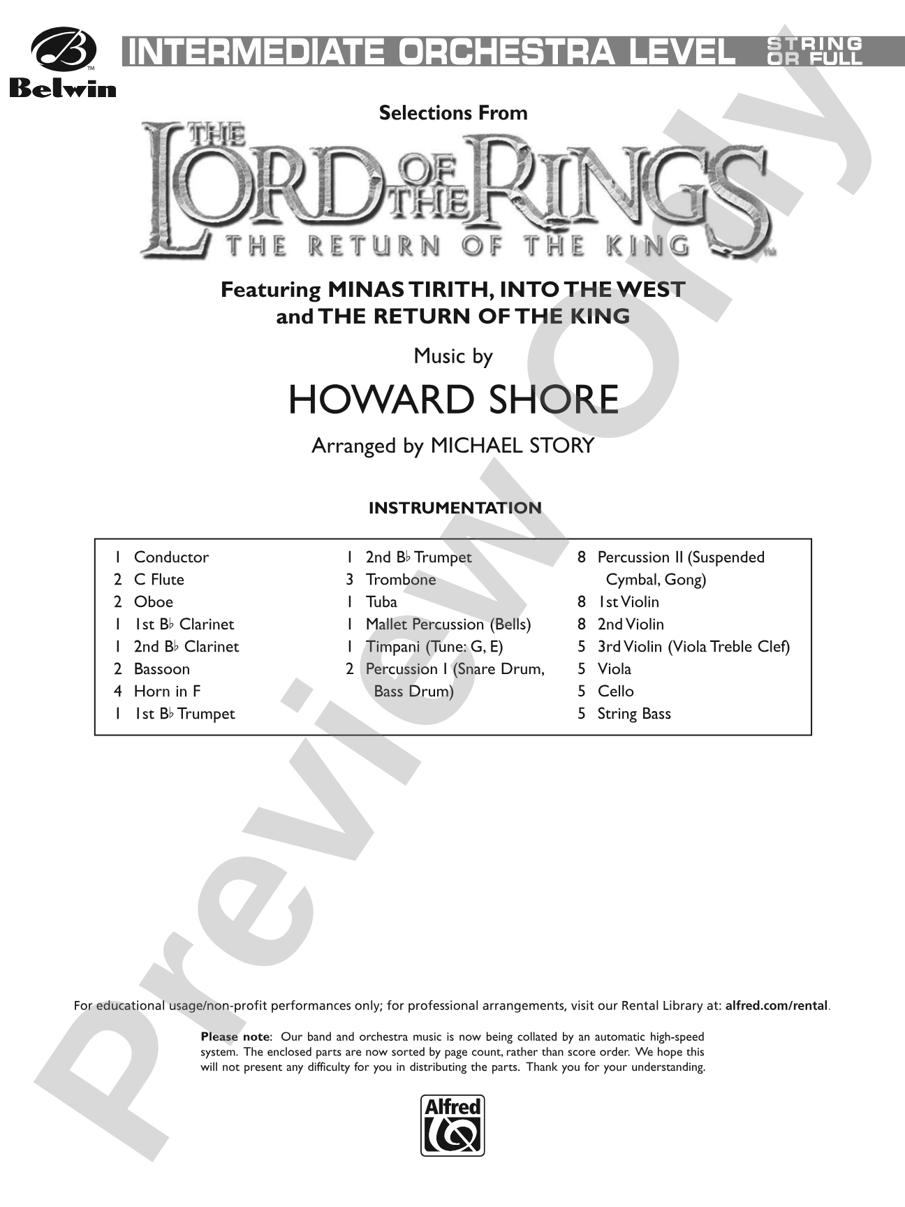 The Lord of the Rings: The Return of the King, Selections from: Full Orchestra Conductor Score & Parts