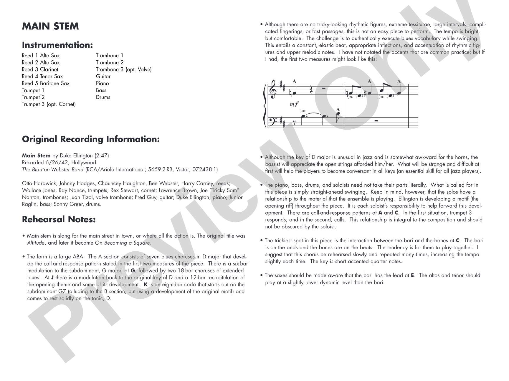 Main Stem: Jazz Ensemble Conductor Score & Parts