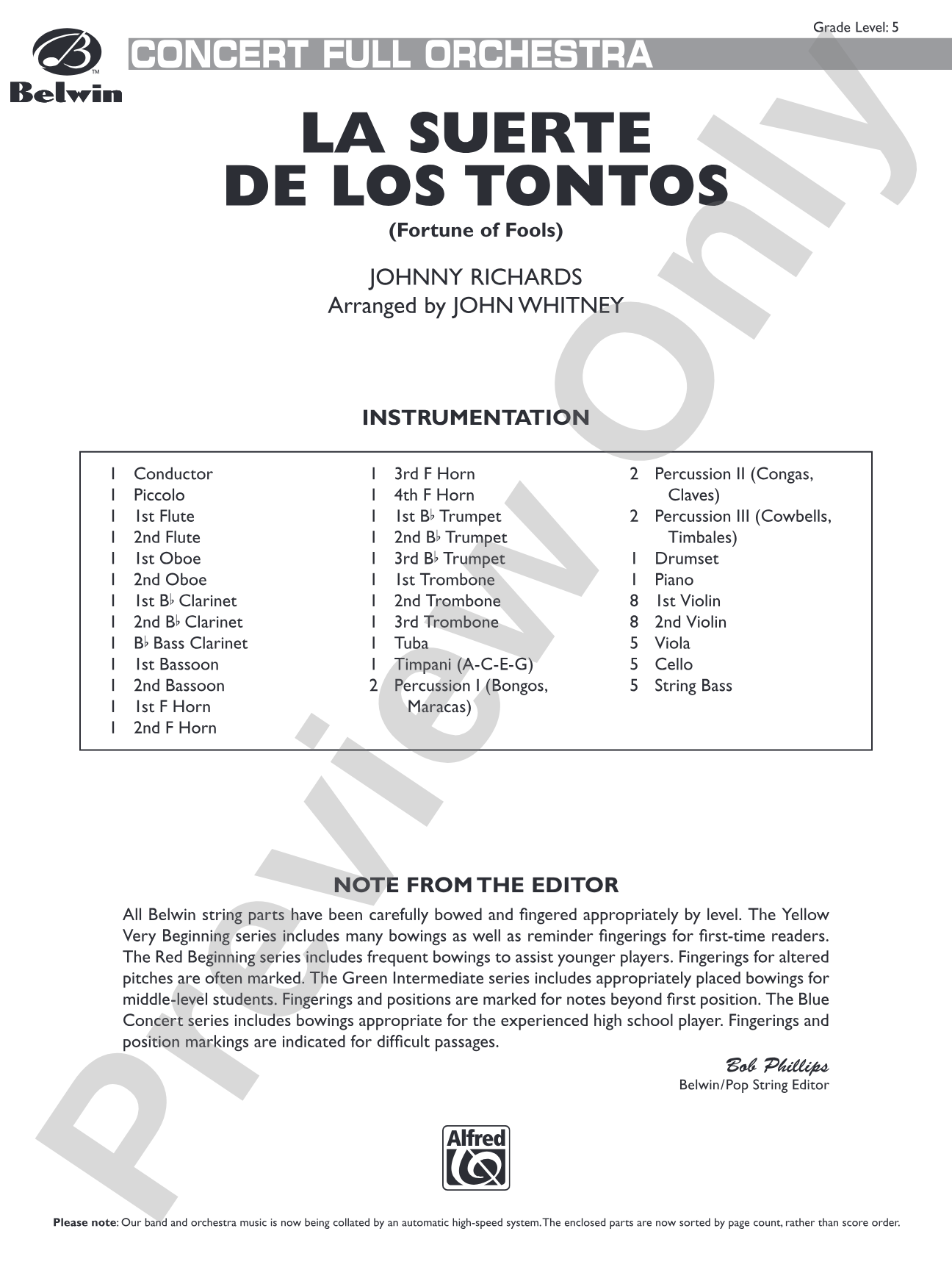 La Suerte de los Tontos (Fortune of Fools): Full Orchestra Conductor Score & Parts