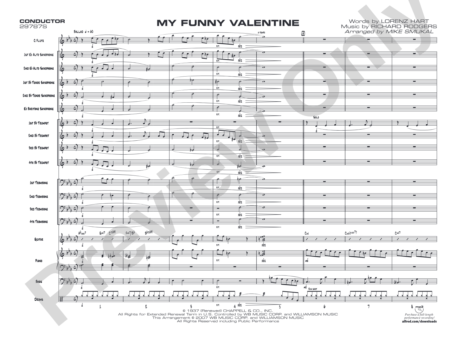 My Funny Valentine: Jazz Ensemble Conductor Score & Parts