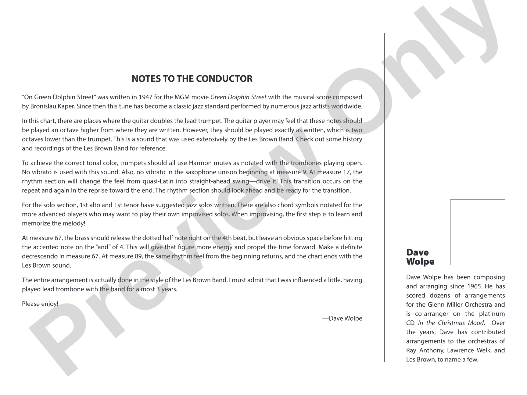 On Green Dolphin Street: Jazz Ensemble Conductor Score & Parts