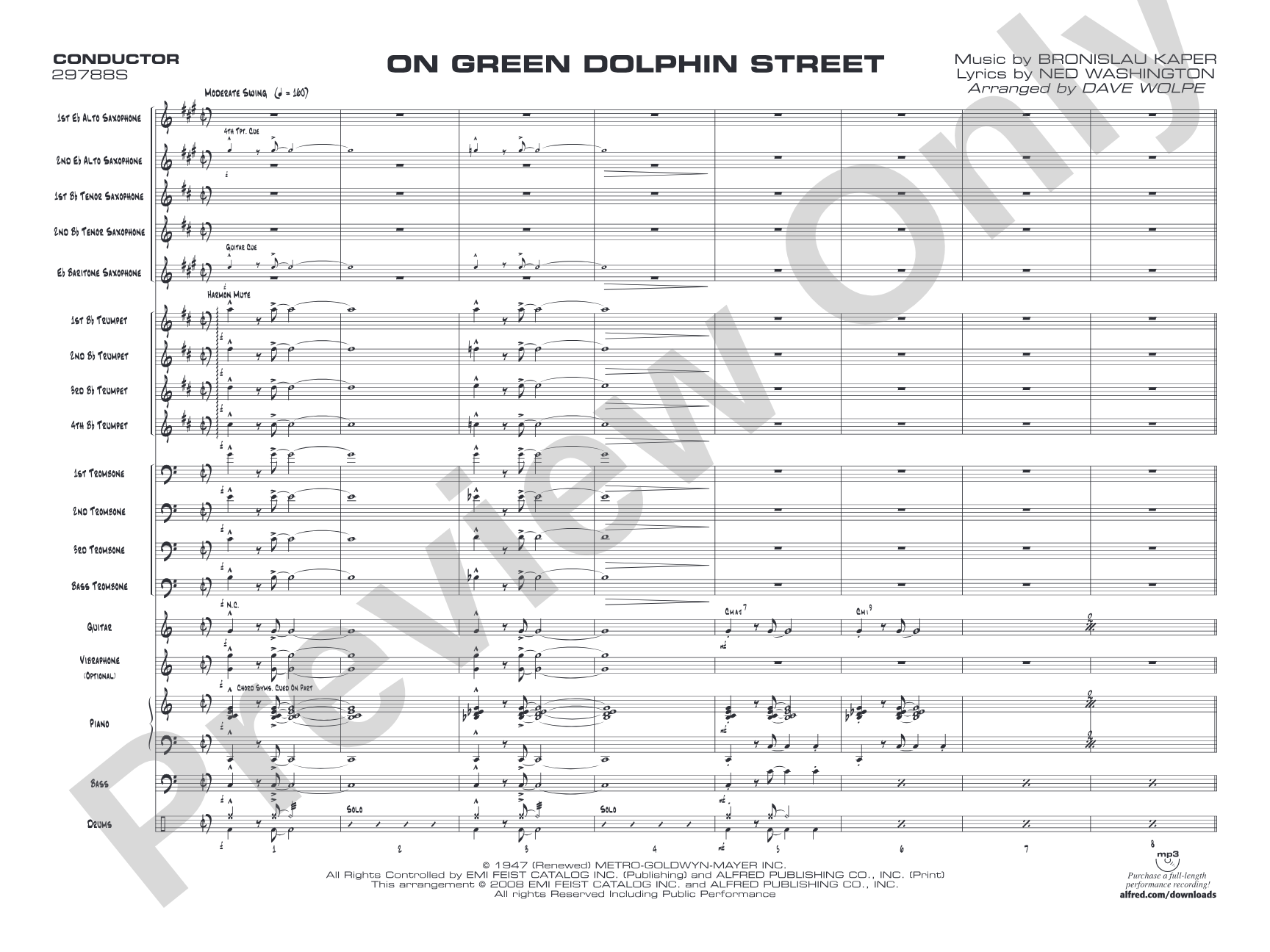 On Green Dolphin Street: Jazz Ensemble Conductor Score & Parts