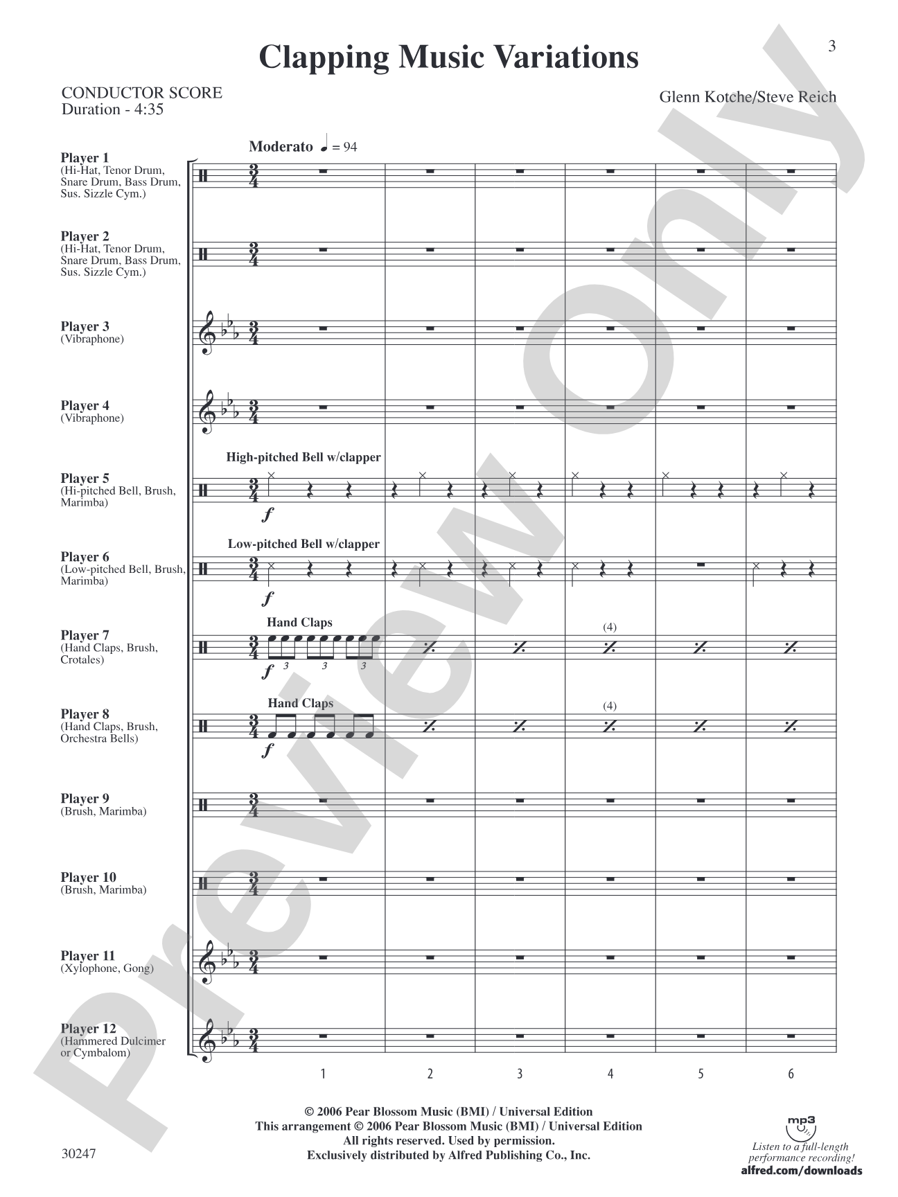Clapping Music Variations: Percussion Ensemble Score & Parts