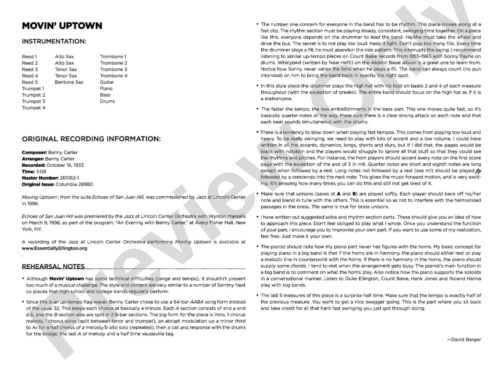 Movin' Uptown: Jazz Ensemble Conductor Score & Parts