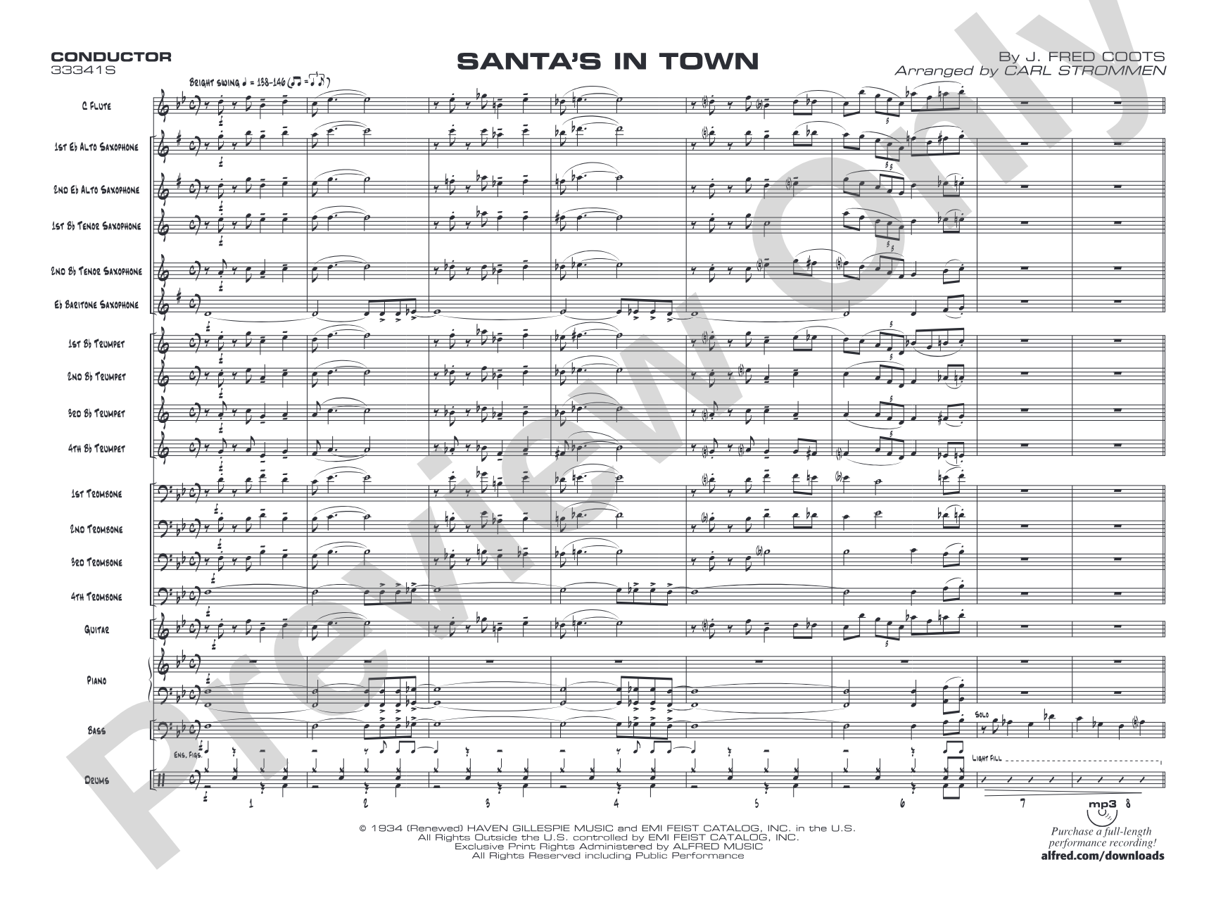 Santa's in Town: Jazz Ensemble Conductor Score & Parts