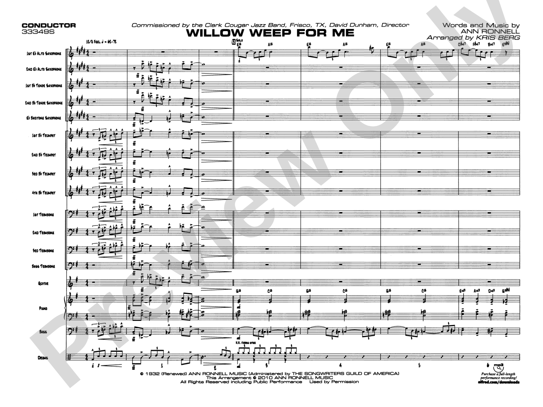 Willow Weep for Me: Jazz Ensemble Conductor Score & Parts