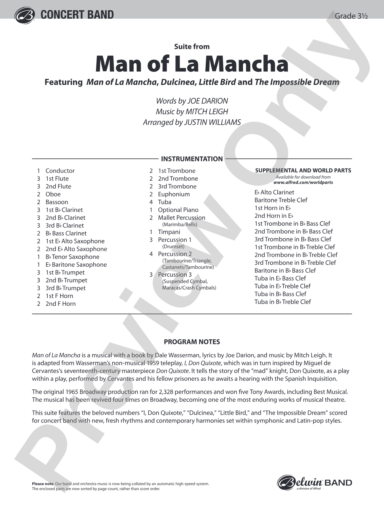Man of La Mancha: Concert Band Conductor Score & Parts