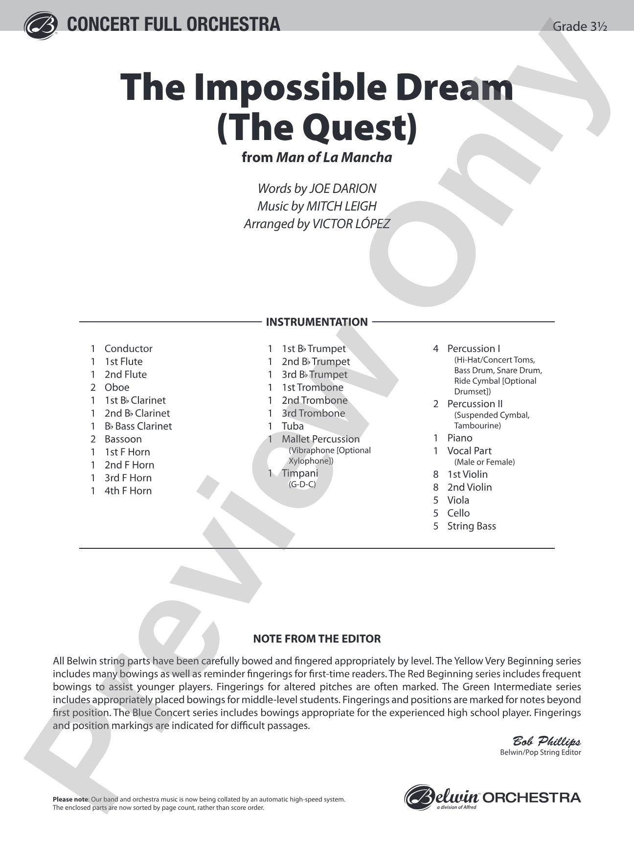 The Impossible Dream (from Man of La Mancha): Full Orchestra Conductor Score & Parts