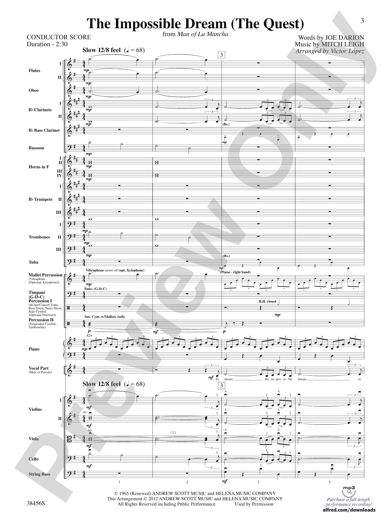 The Impossible Dream (from Man of La Mancha): Full Orchestra Conductor Score & Parts