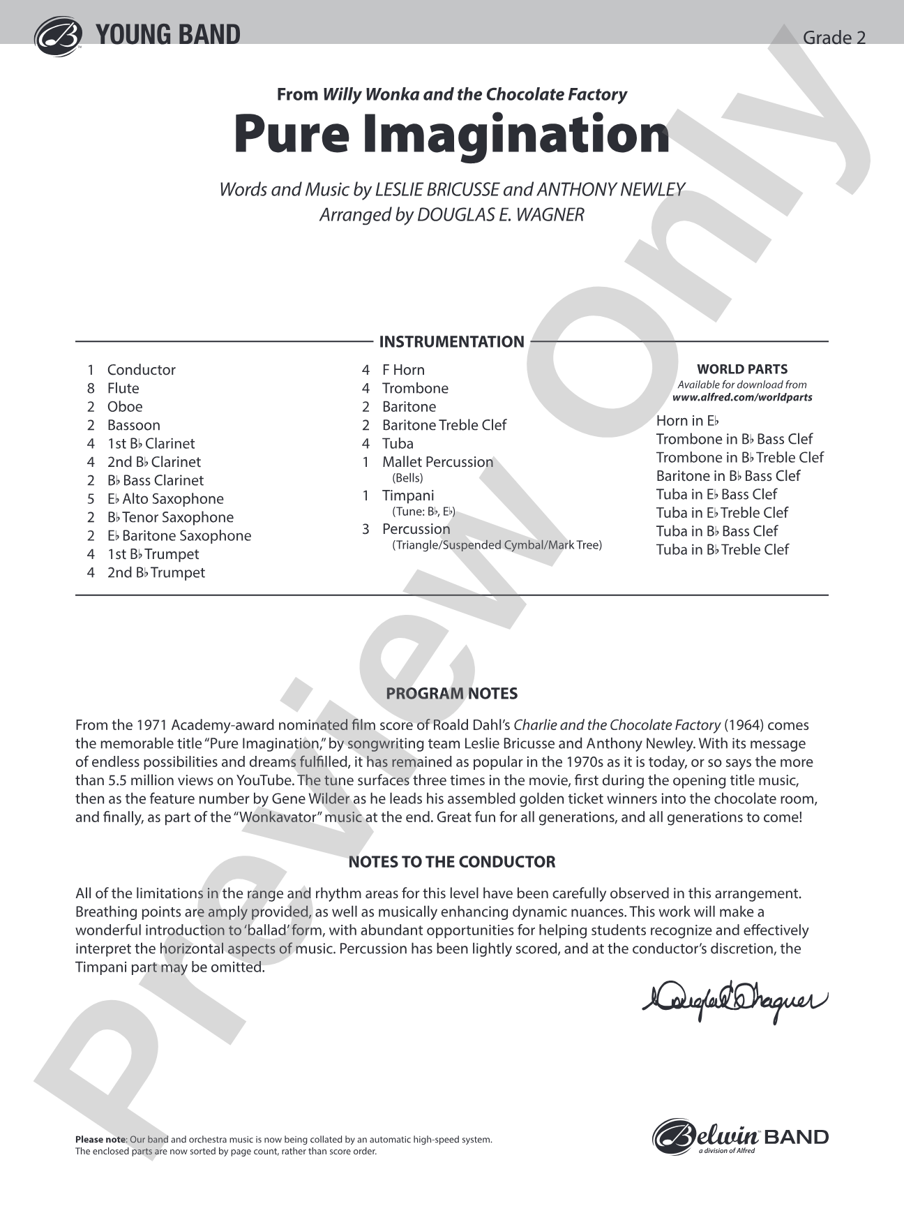 Pure Imagination (from Willy Wonka and the Chocolate Factory): Concert Band Conductor Score & Parts