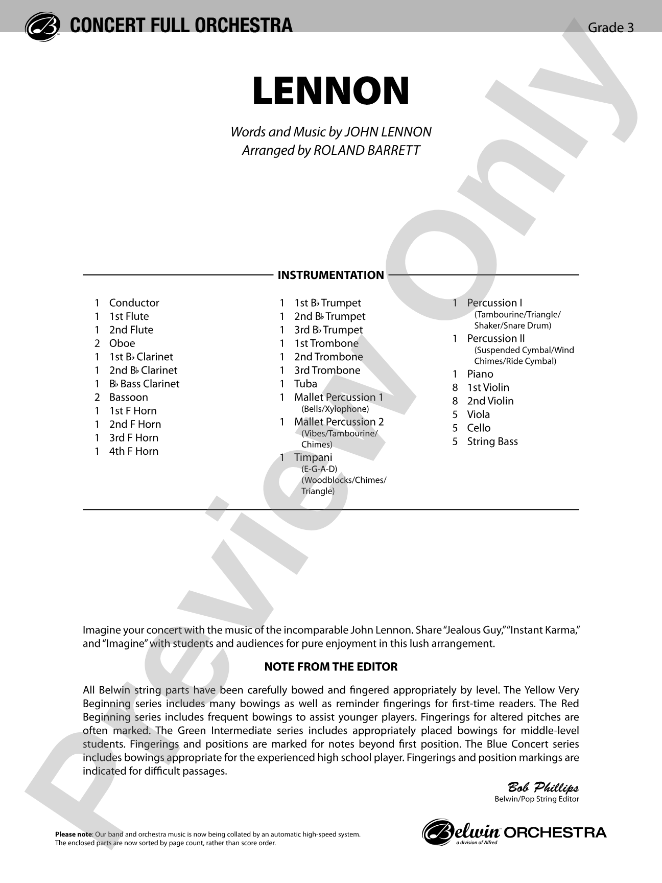 Lennon: Full Orchestra Conductor Score & Parts