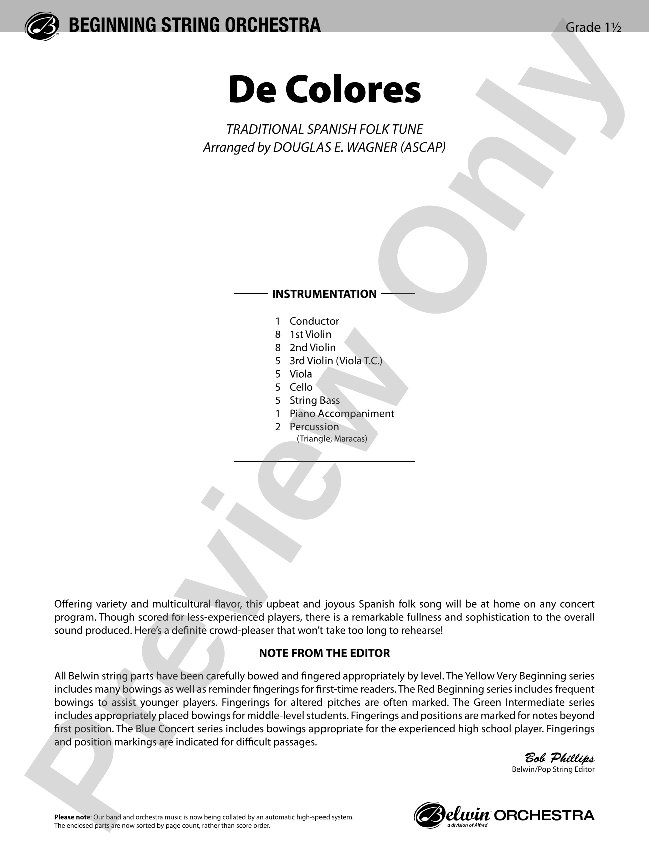 De Colores: String Orchestra Conductor Score & Parts | Douglas E