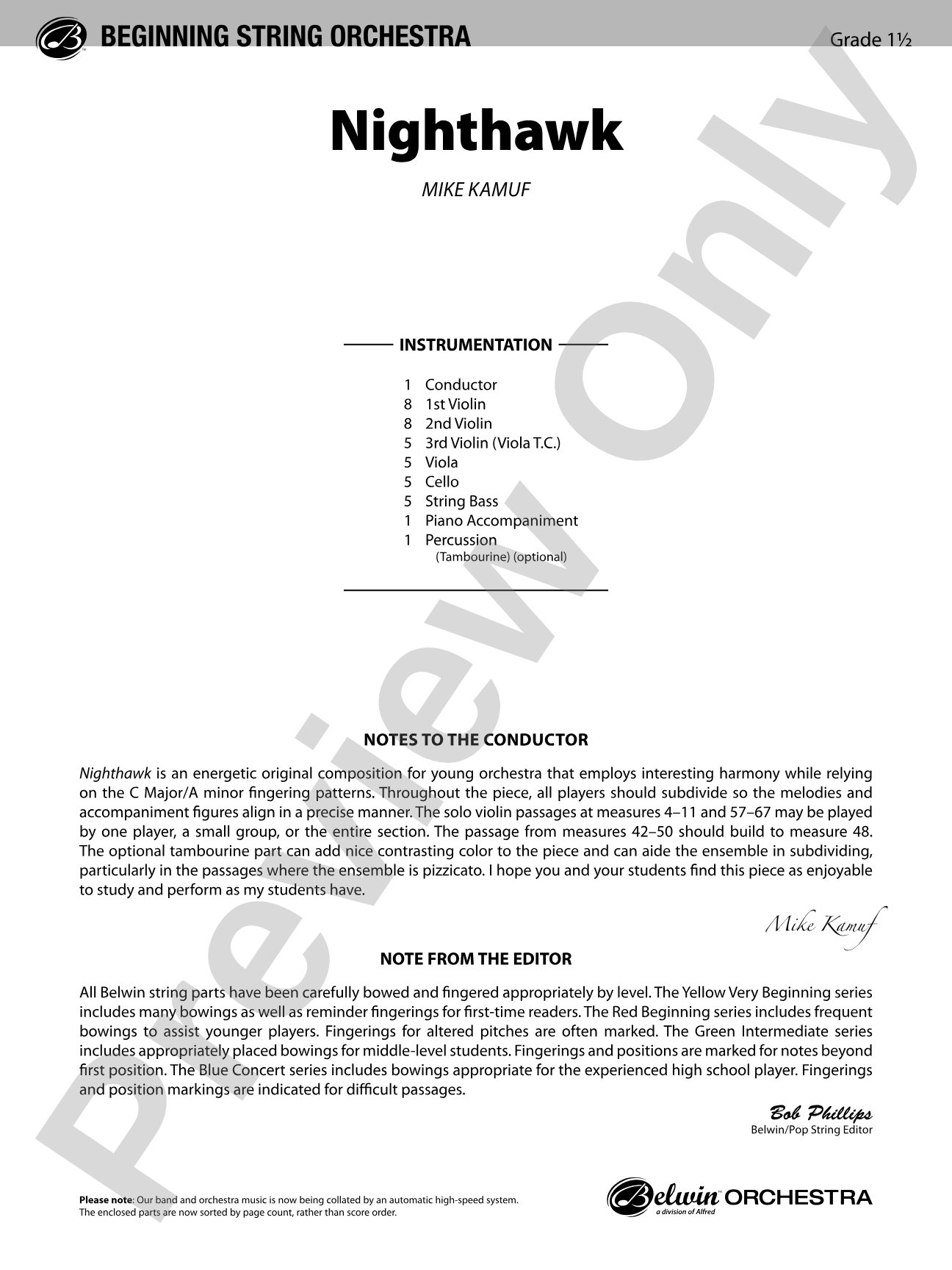 Nighthawk: String Orchestra Conductor Score & Parts