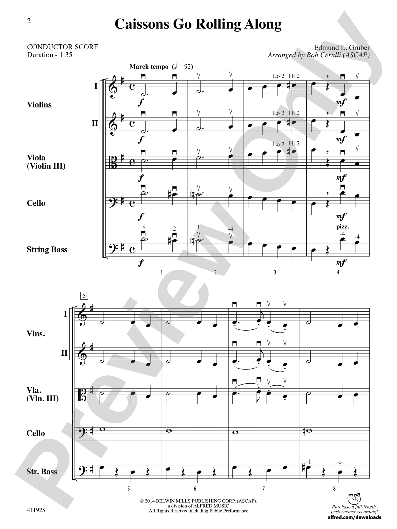 Caissons Go Rolling Along: String Orchestra Conductor Score & Parts