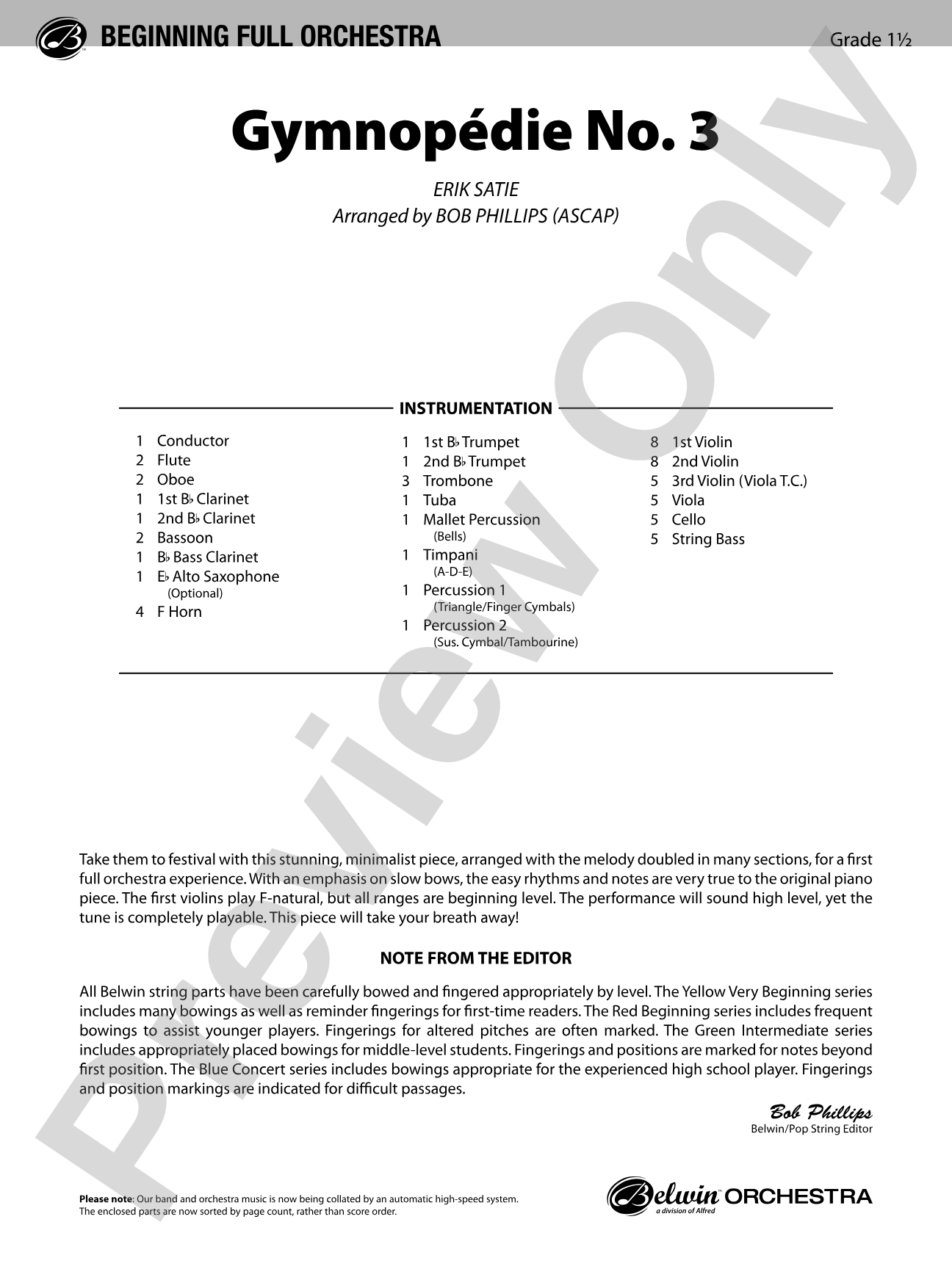 Gymnopédie No. 3: Full Orchestra Conductor Score & Parts