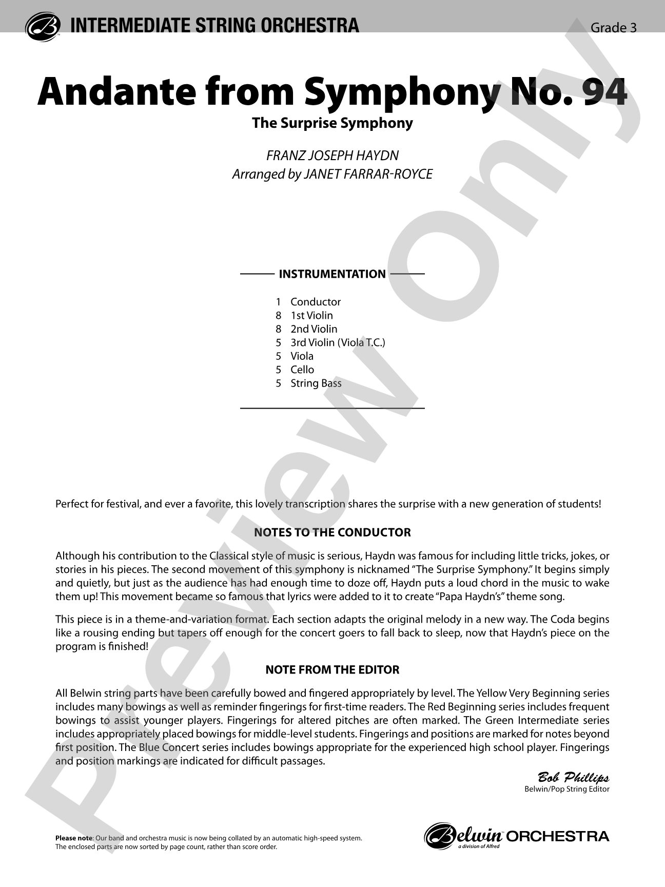 Andante from Symphony No. 94: String Orchestra Conductor Score & Parts