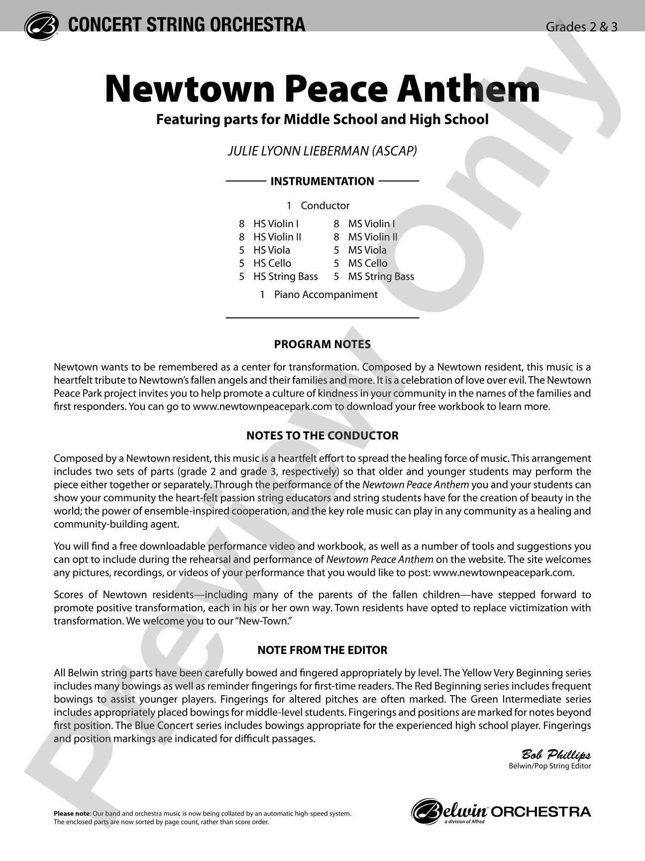 Newtown Peace Anthem: String Orchestra Conductor Score & Parts