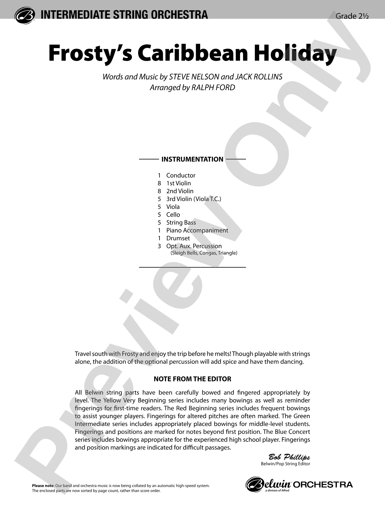 Frosty's Caribbean Holiday: String Orchestra Conductor Score & Parts