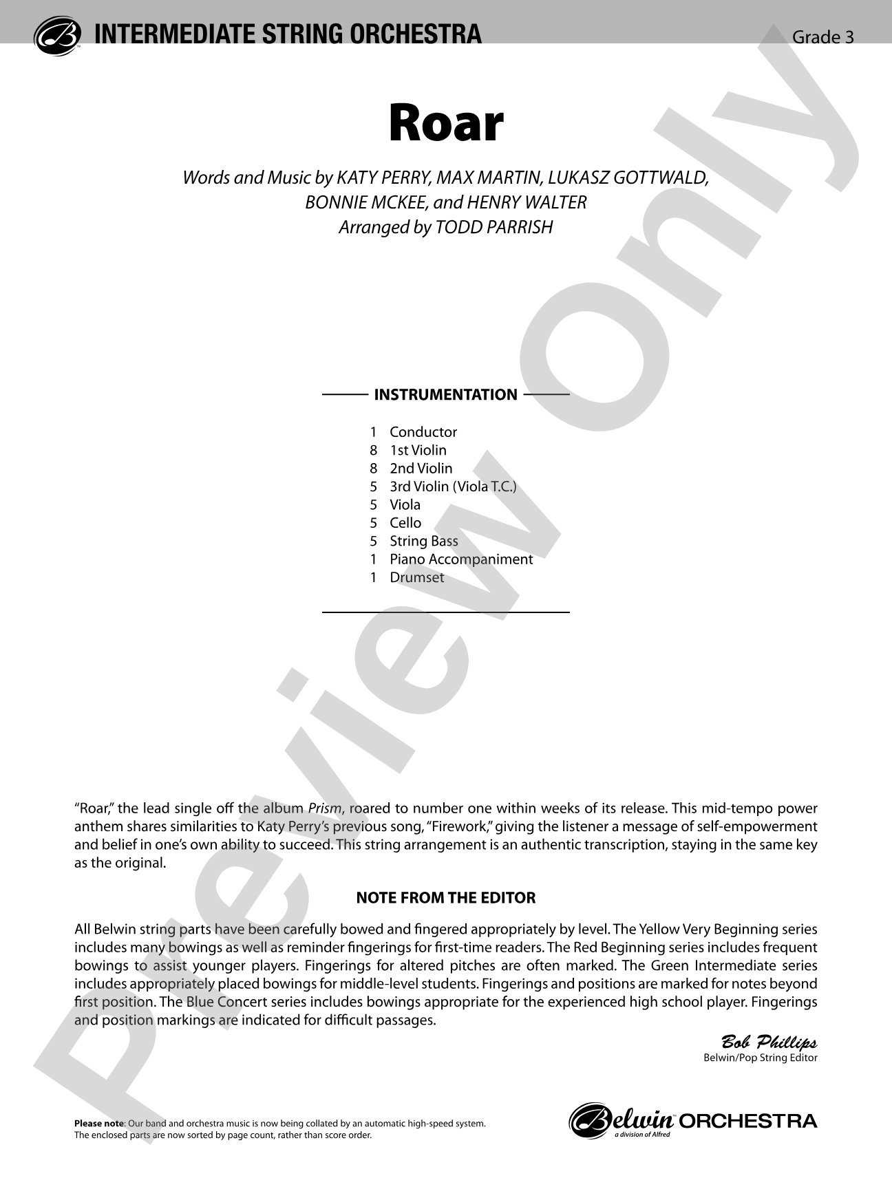 Roar: String Orchestra Conductor Score & Parts