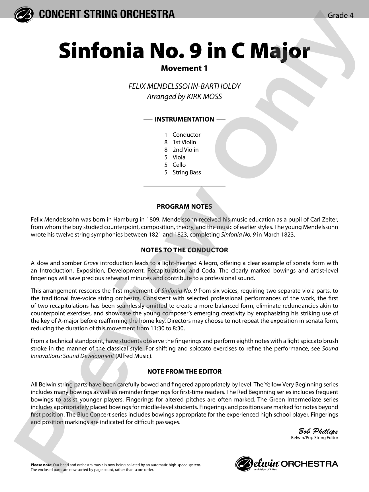 Sinfonia No. 9 in C Major: String Orchestra Conductor Score & Parts