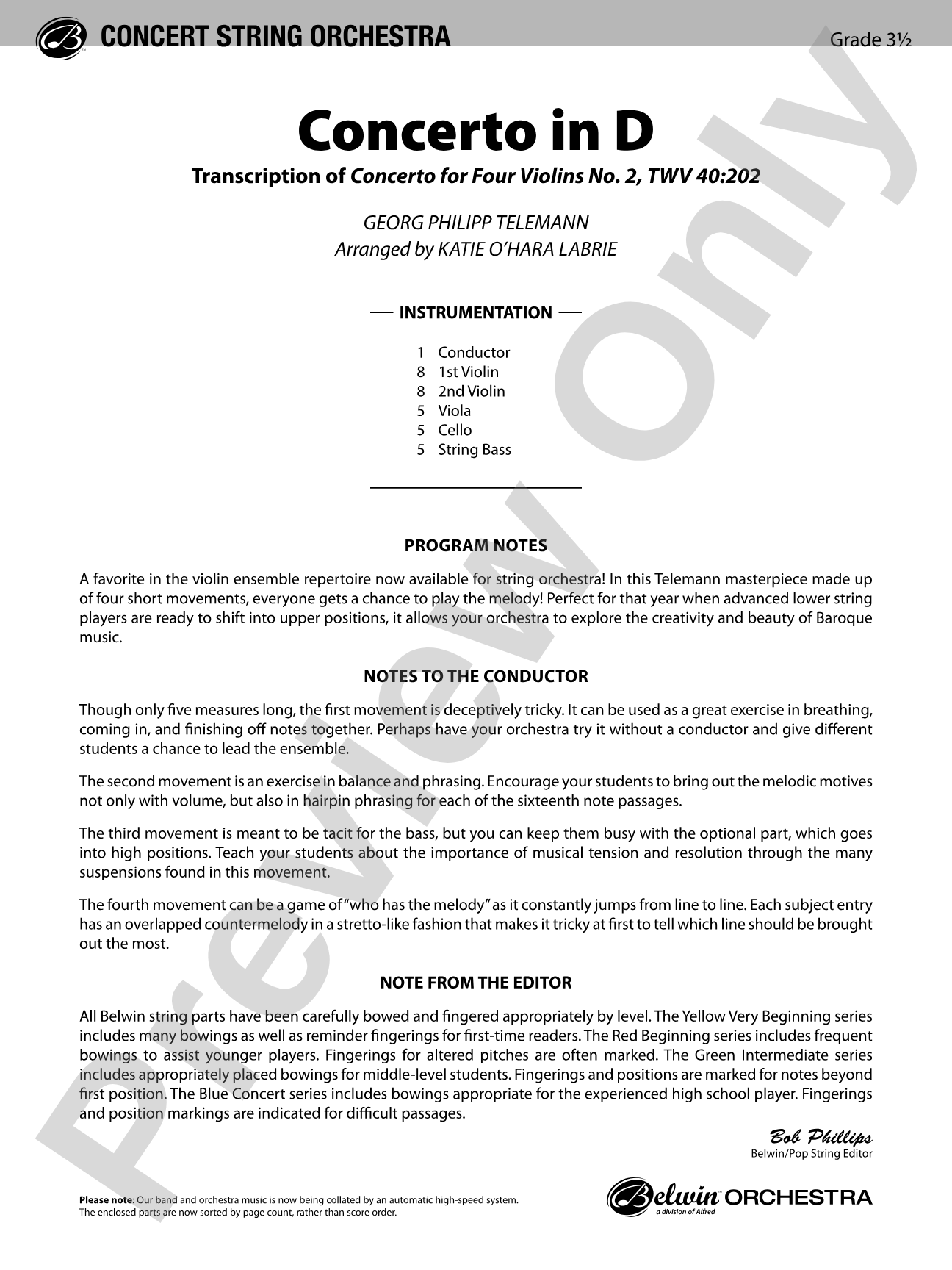 Concerto in D: String Orchestra Conductor Score & Parts