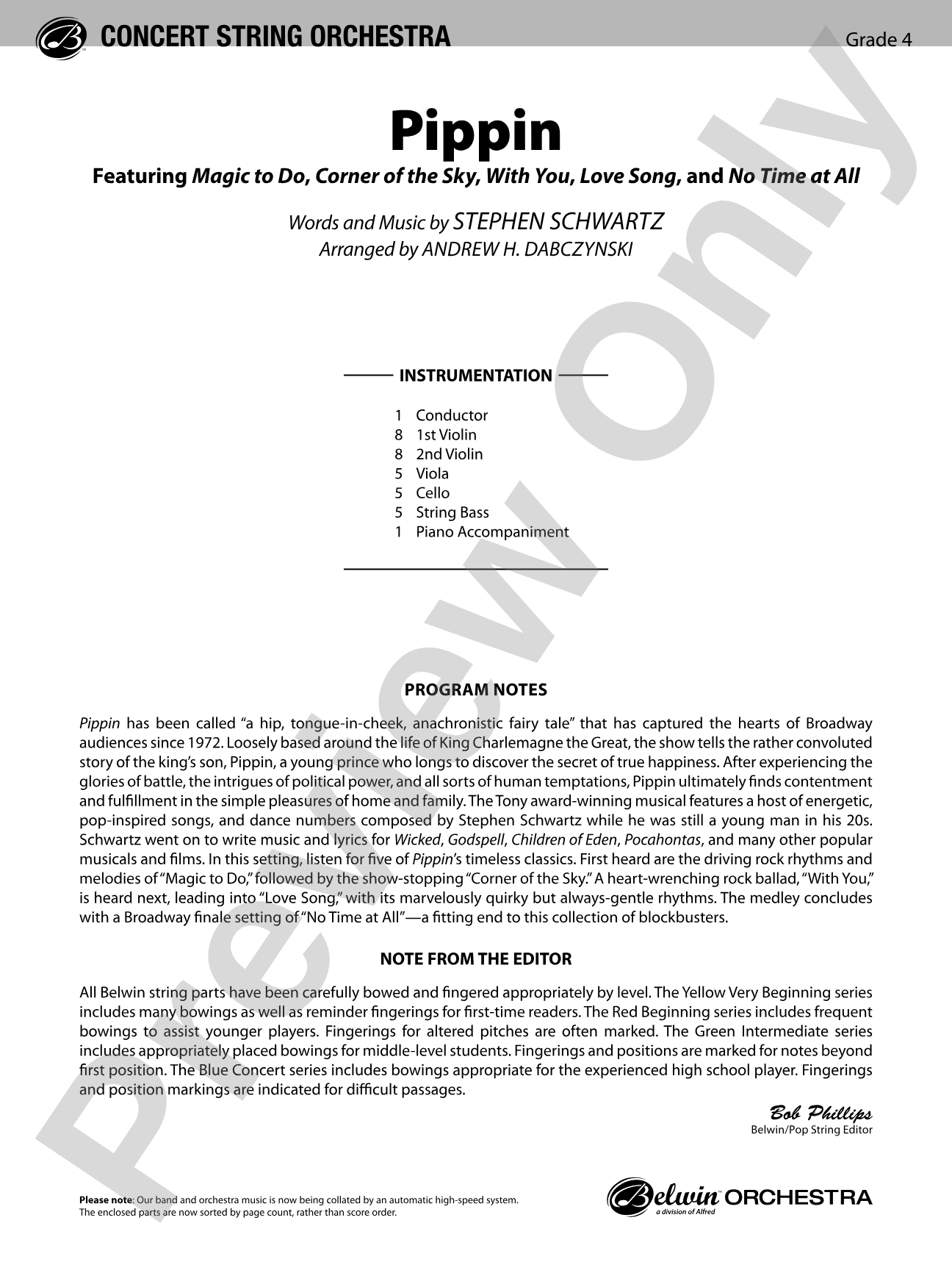 Pippin: String Orchestra Conductor Score & Parts