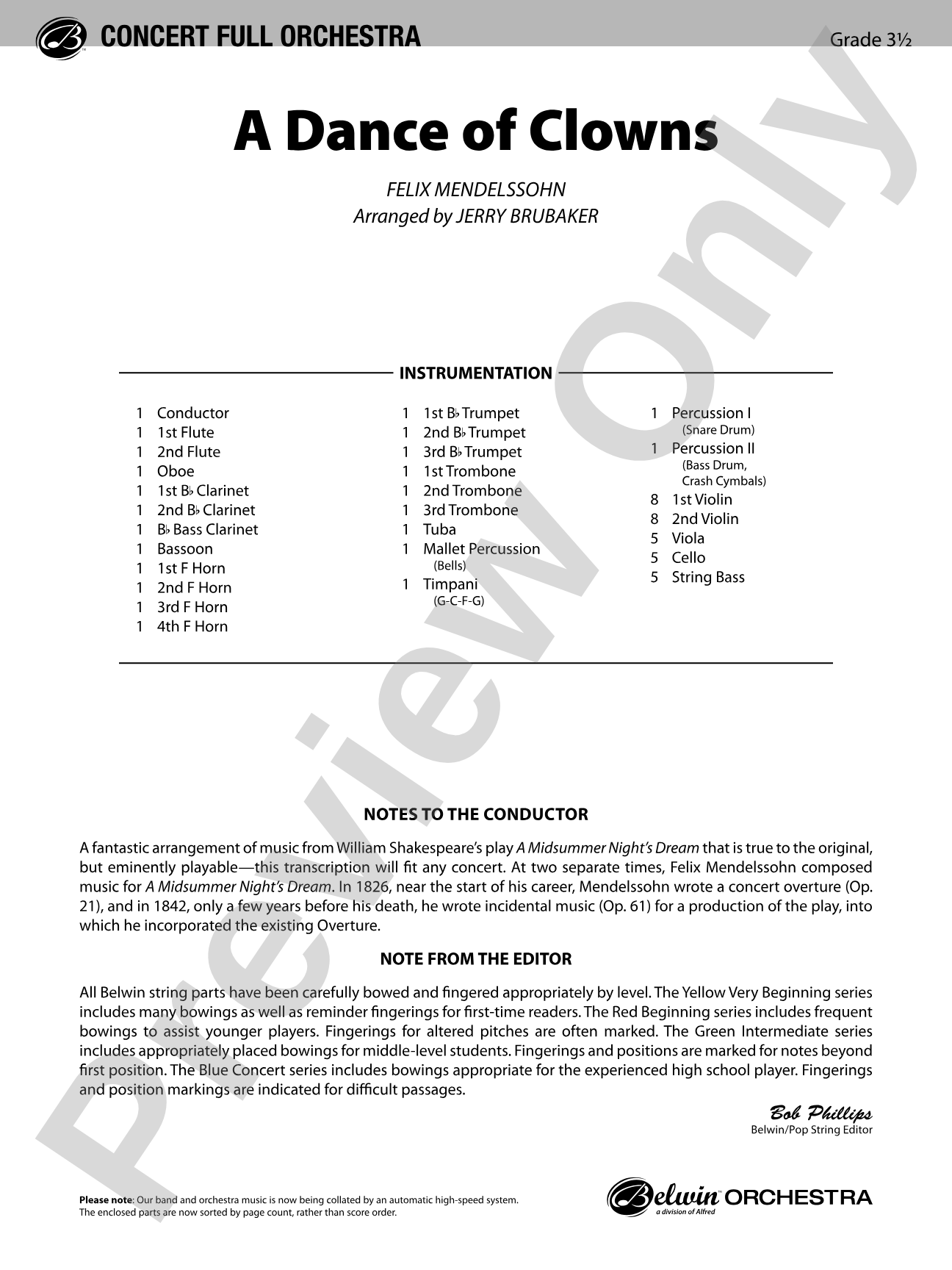 A Dance of Clowns (from A Midsummer Night's Dream): Full Orchestra Conductor Score & Parts