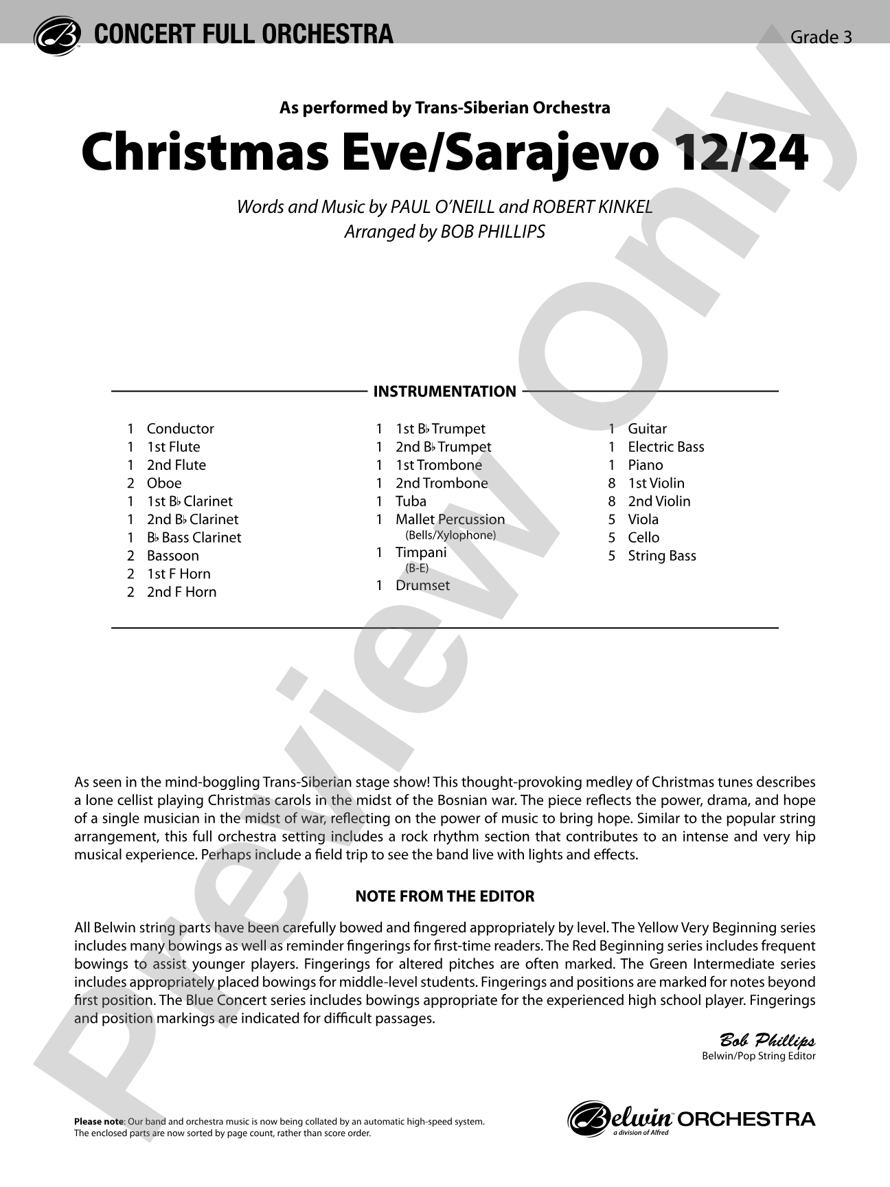 Christmas Eve/Sarajevo 12/24: Full Orchestra Conductor Score & Parts